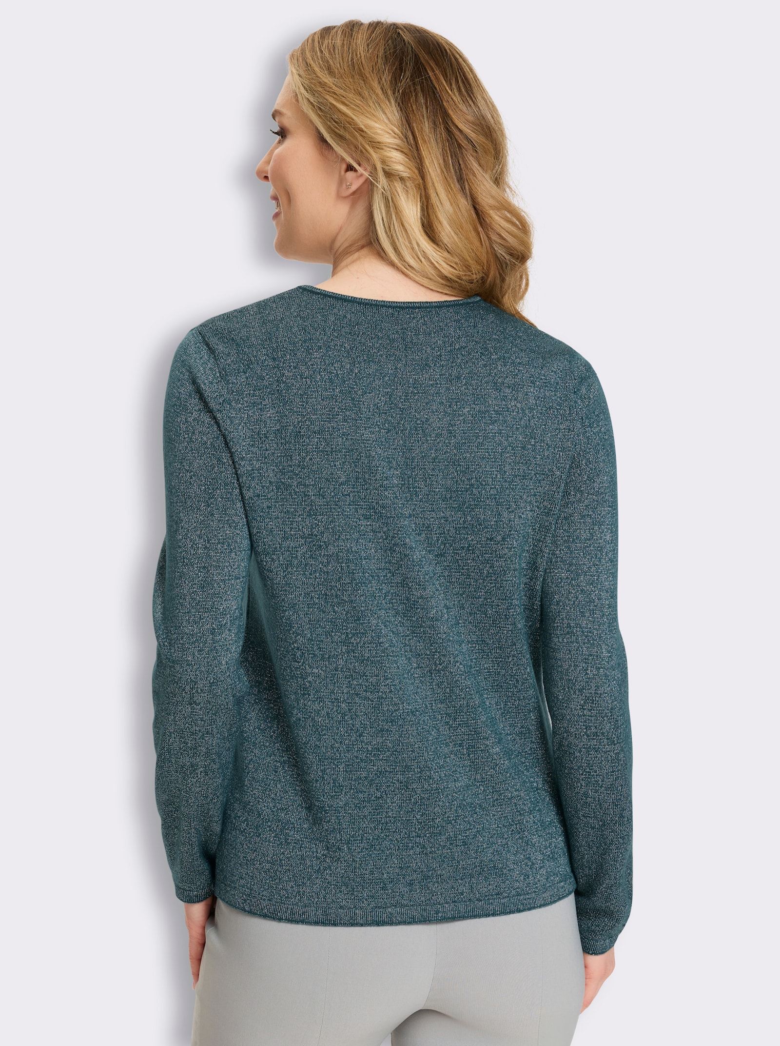 V-Ausschnitt-Pullover mit Glanzgarn - petrol-silberfarben