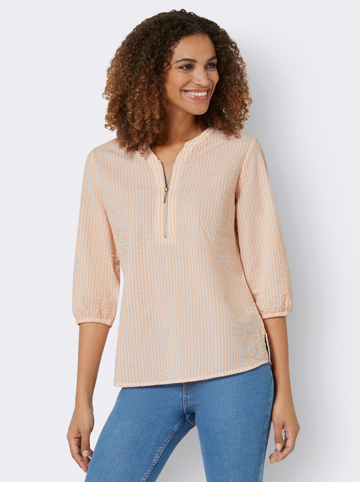 Comfortabele blouse - abrikoos/wit gestreept