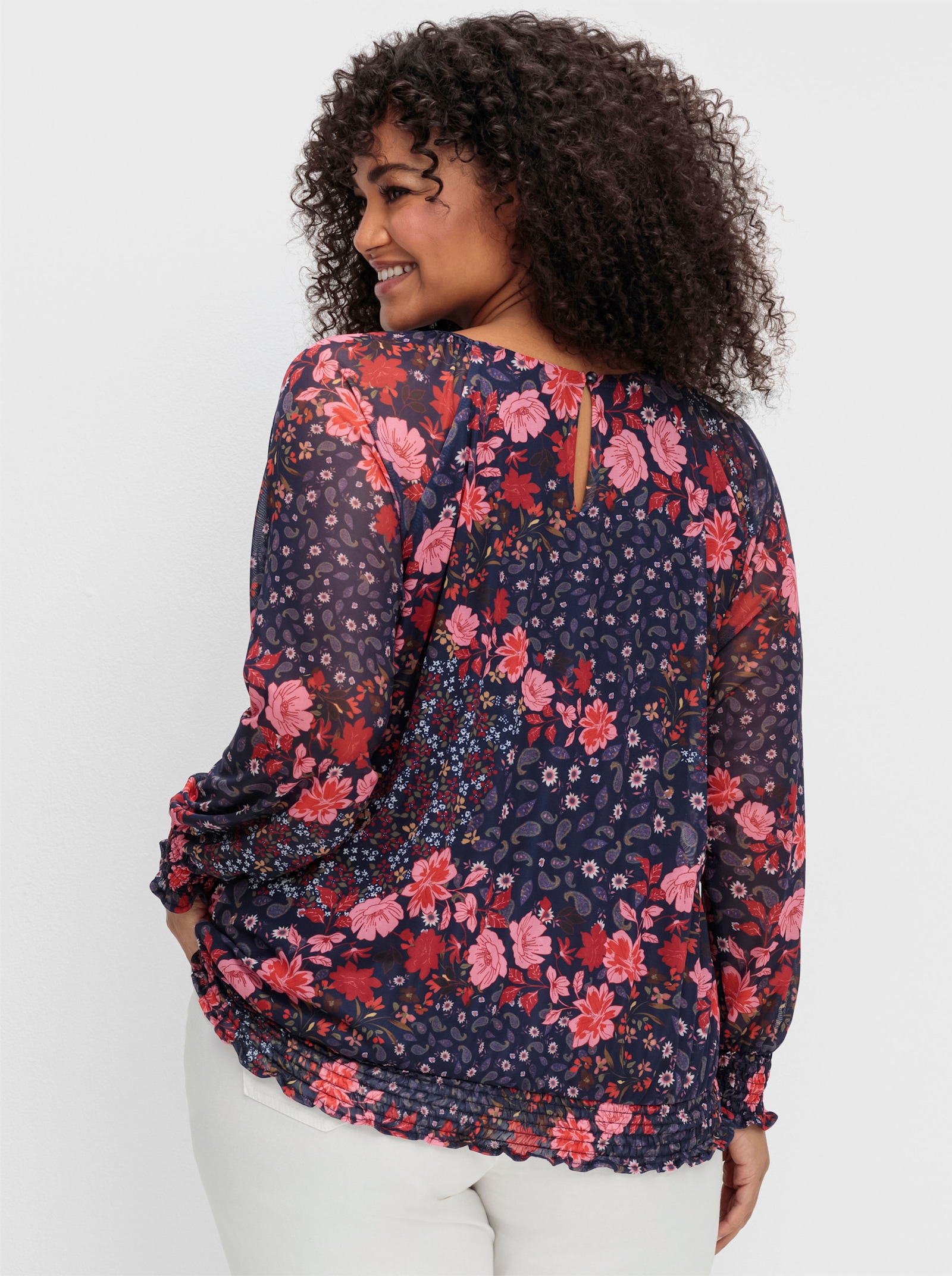 sheego by Joe Browns Langarmshirt aus Mesh, mit Blumendruck - blau gemustert