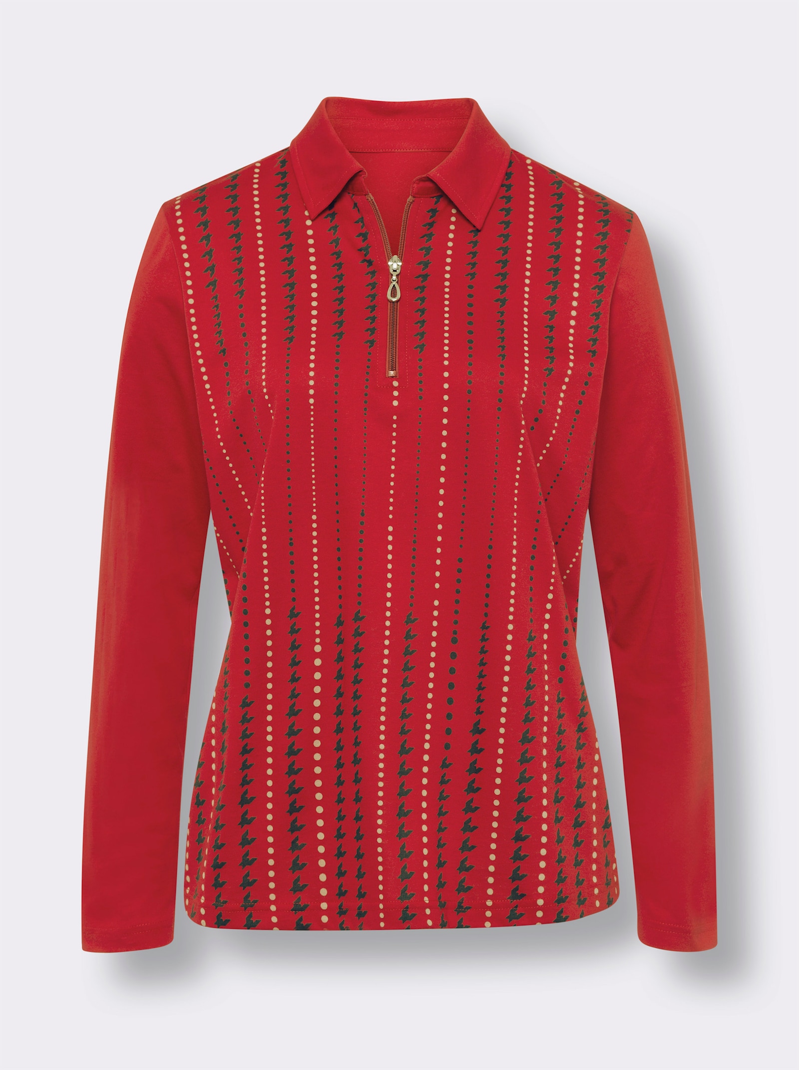 Långärmad pikétröja med kort dragkedja - röd-grafit-med tryck