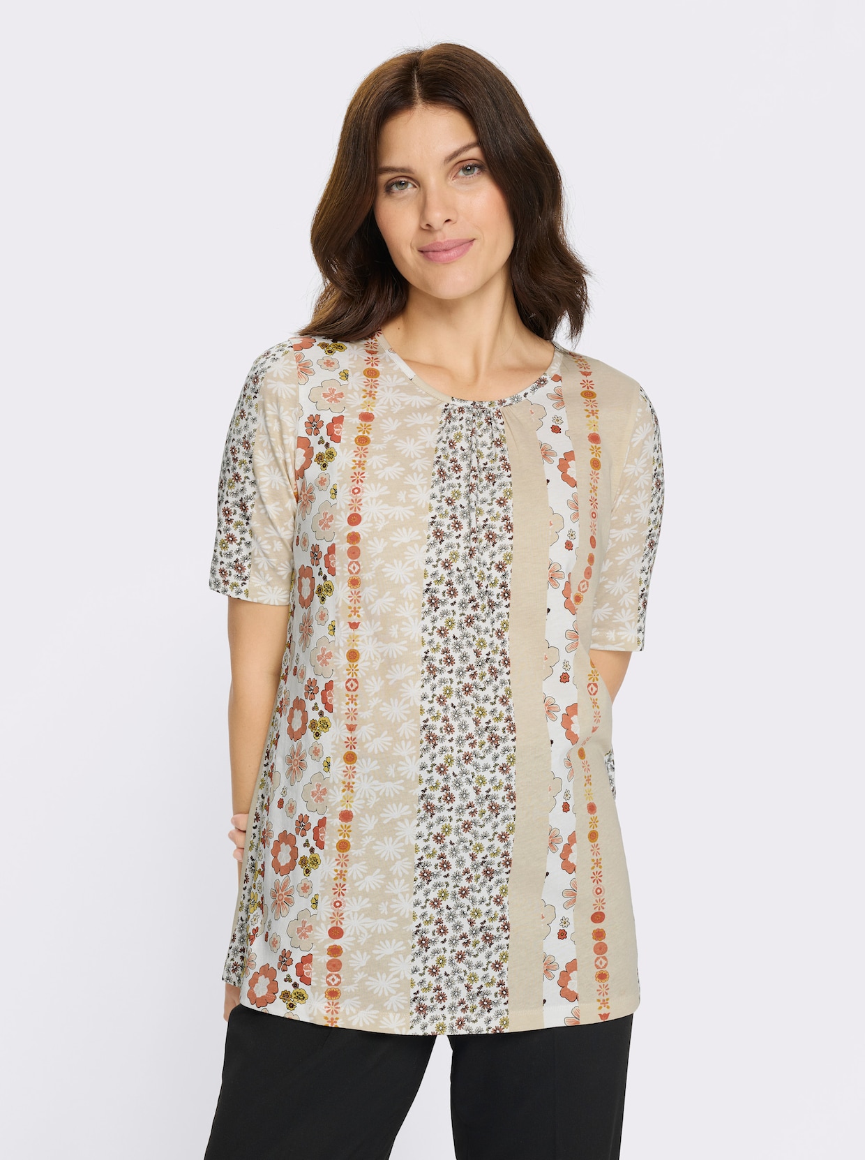 Longshirt mit Halbarm - ecru-papaya-bedruckt