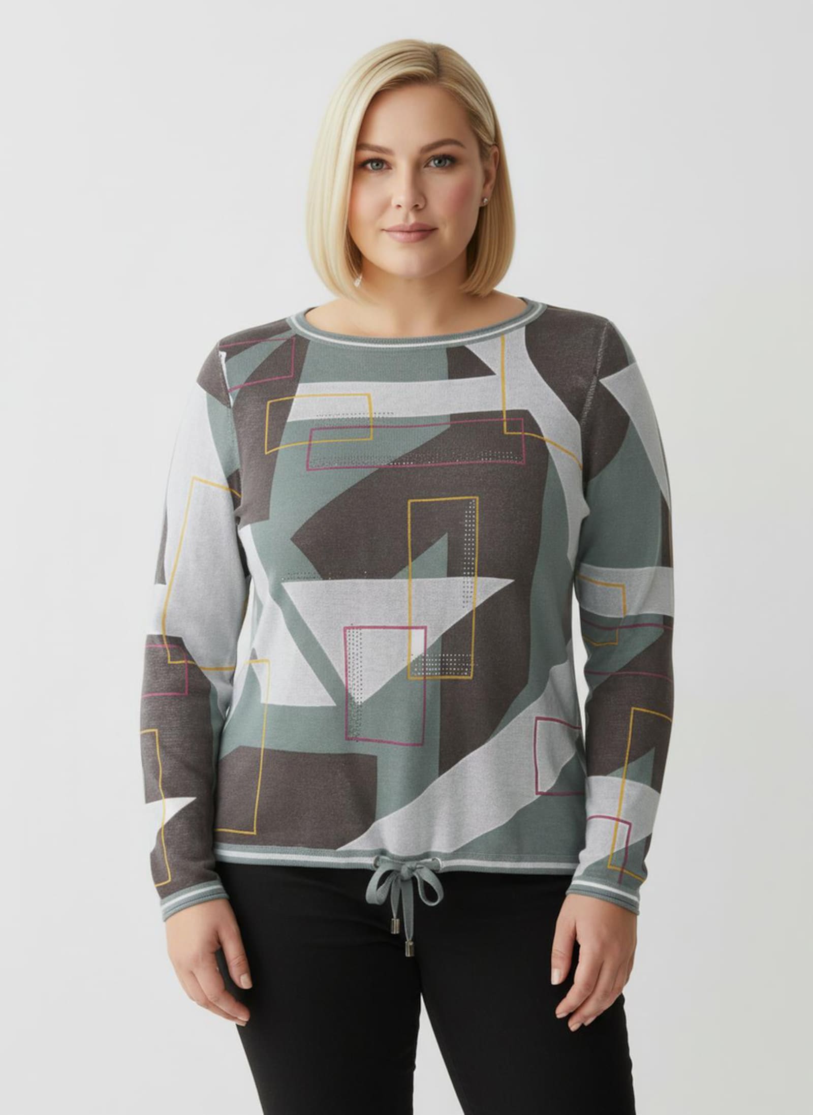 Pullover mit Bindeband am Saum - ecru-graphit-gemustert