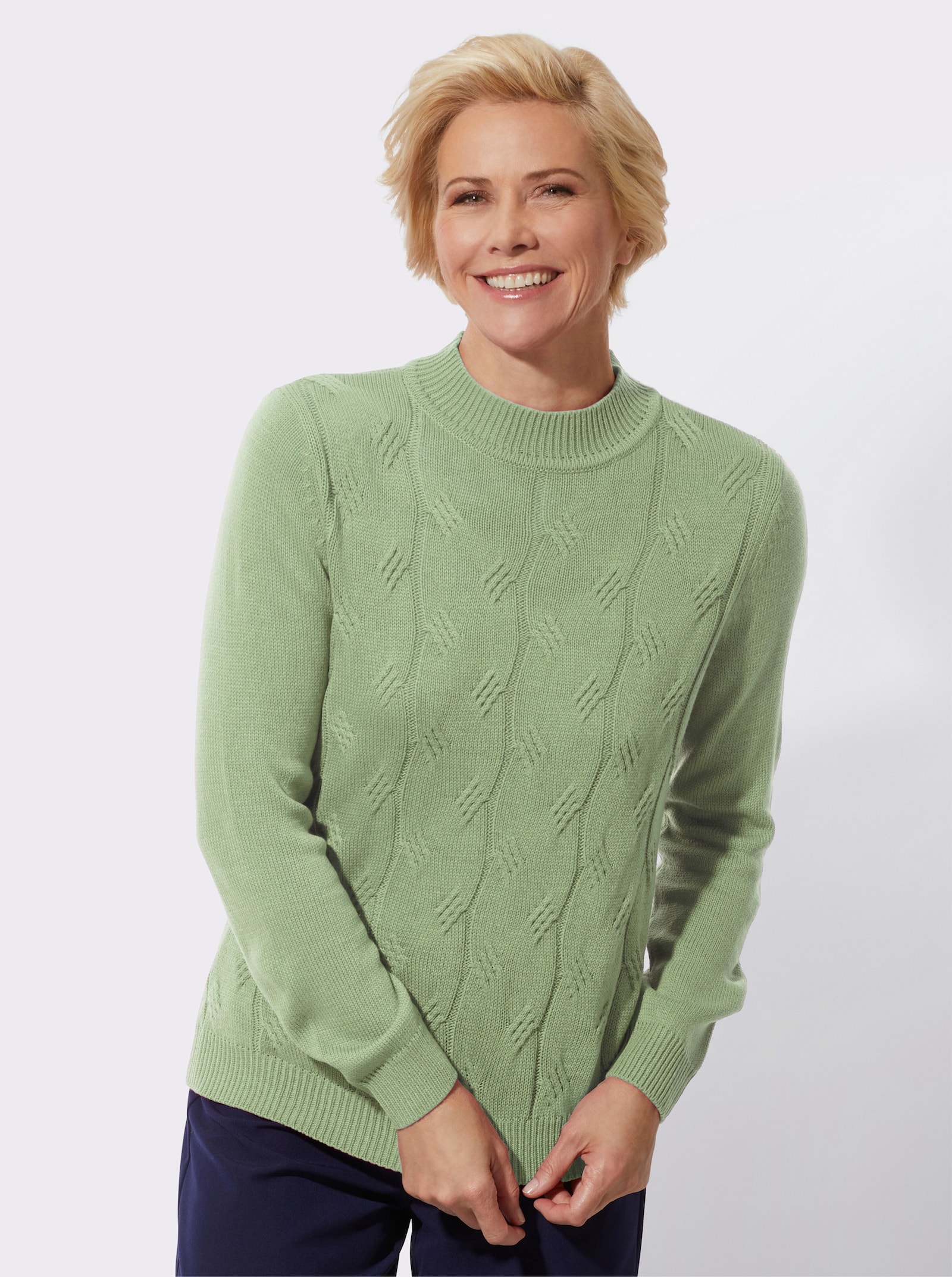 Stehkragenpullover mit Zopfmuster - eucalyptus