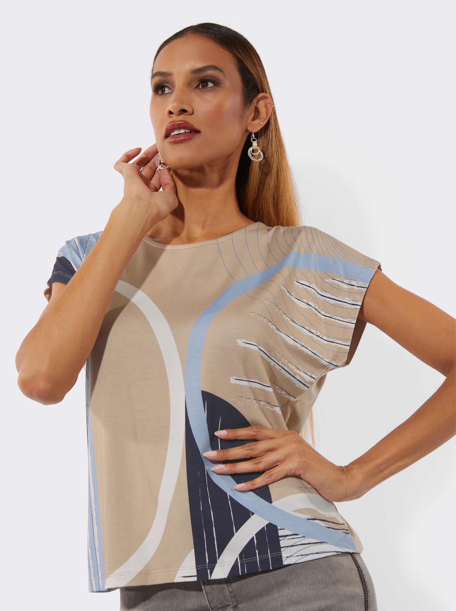 Rundhalsshirt mit platziertem Druckmuster - beige-bleu-bedruckt