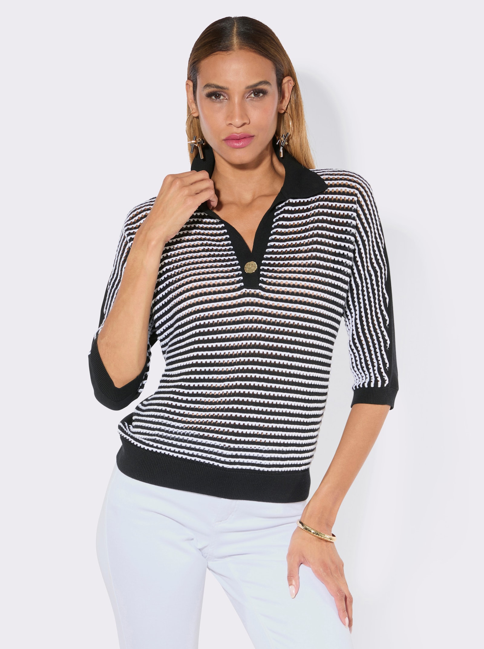 Polopullover mit Lochstickerei vorne - schwarz-weiß-gemustert