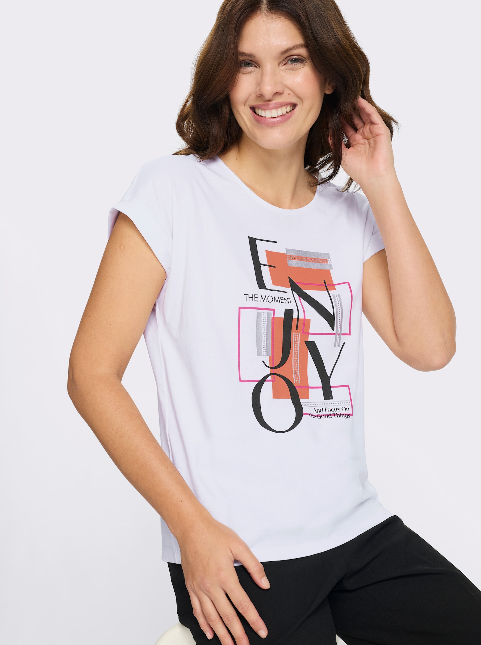 Kurzarmshirt mit Schriftzug - weiß-papaya