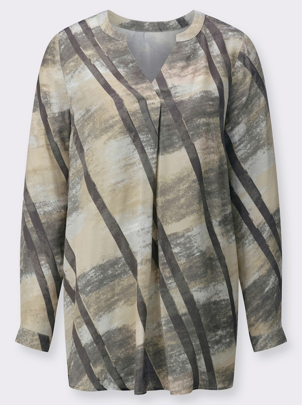 Langarmbluse mit Knopfmanschetten - sand-grau-bedruckt