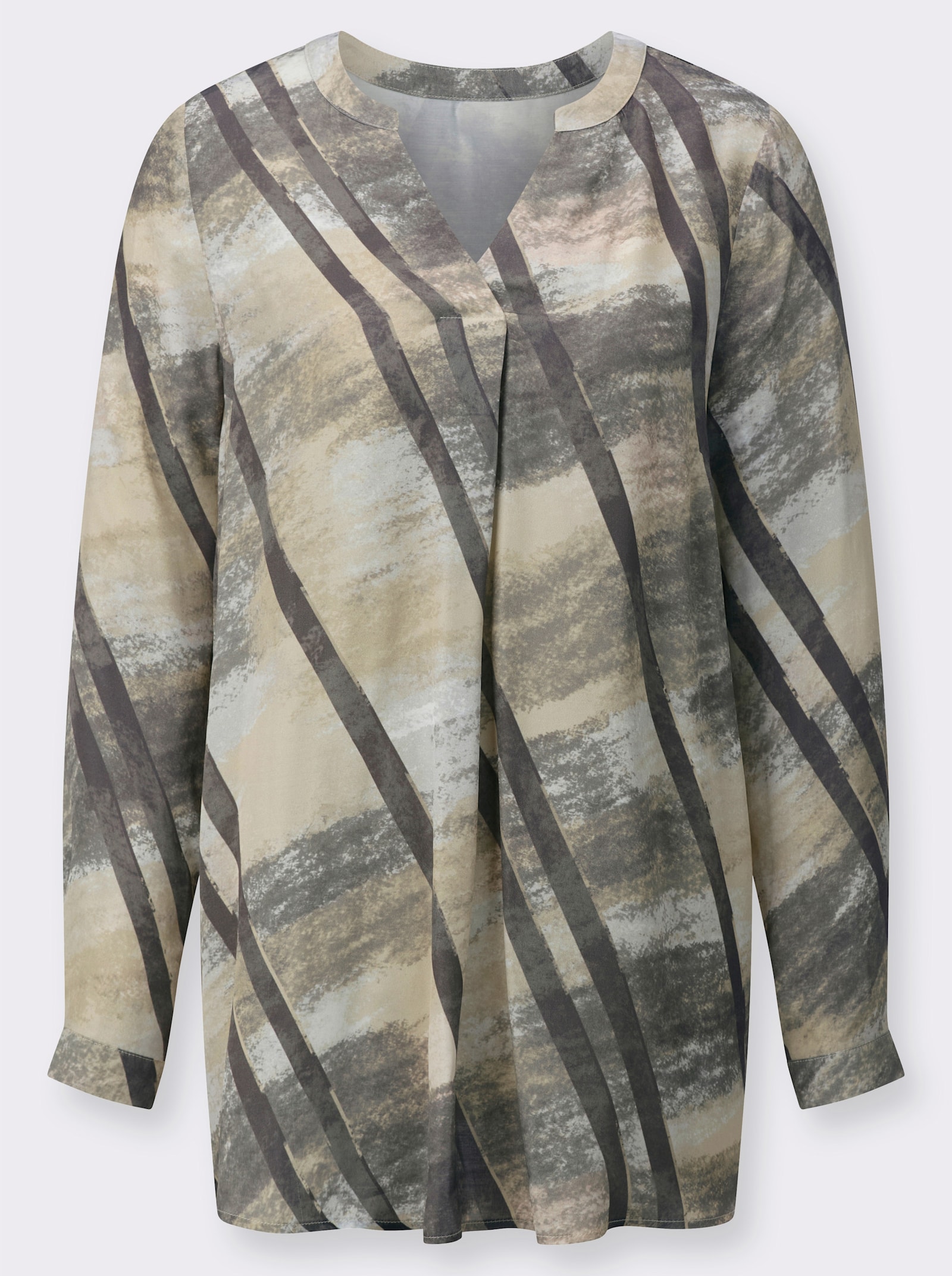 Langarmbluse mit Knopfmanschetten - sand-grau-bedruckt