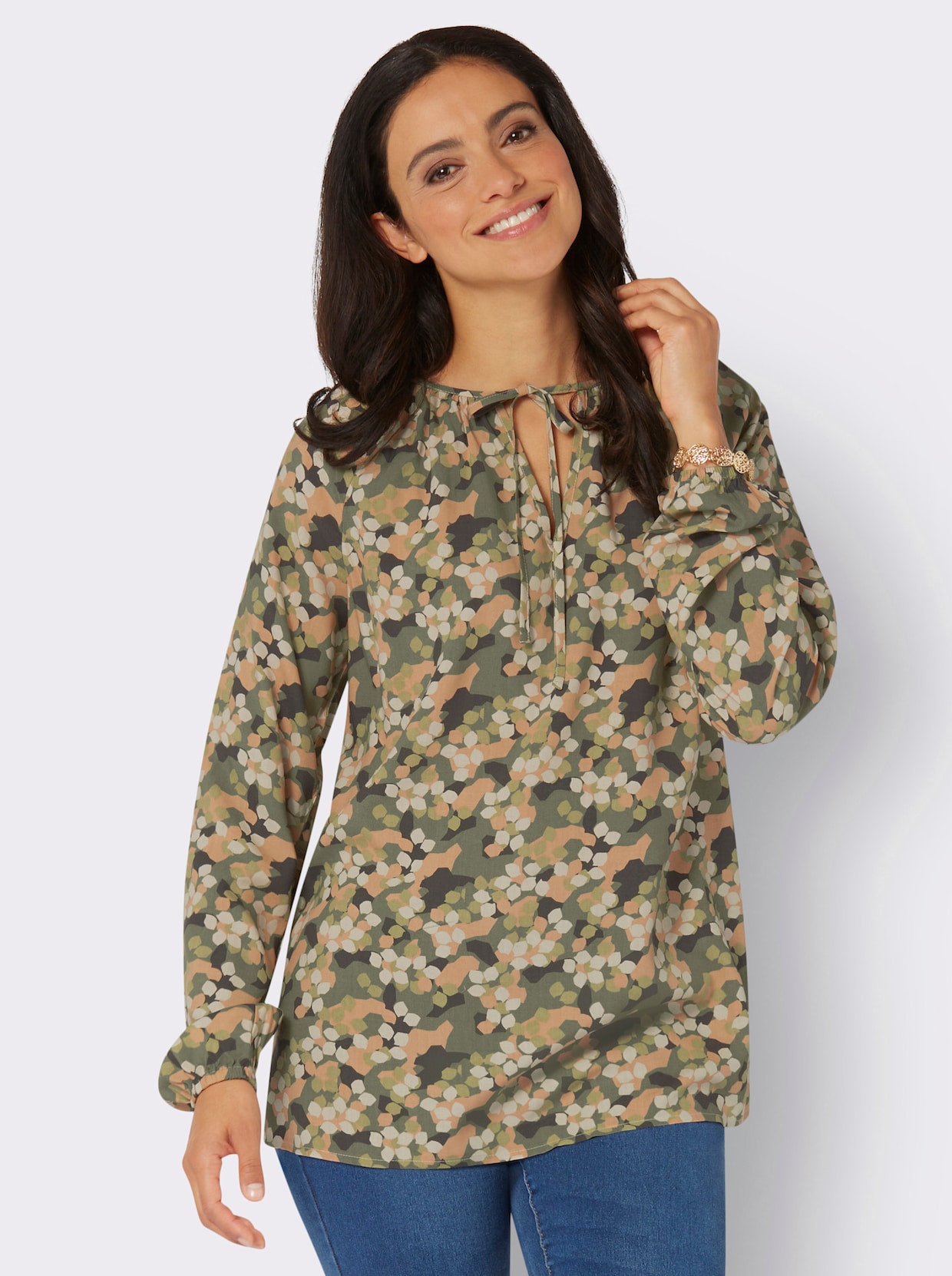 Comfortabele blouse - kaki/zand/bedrukt