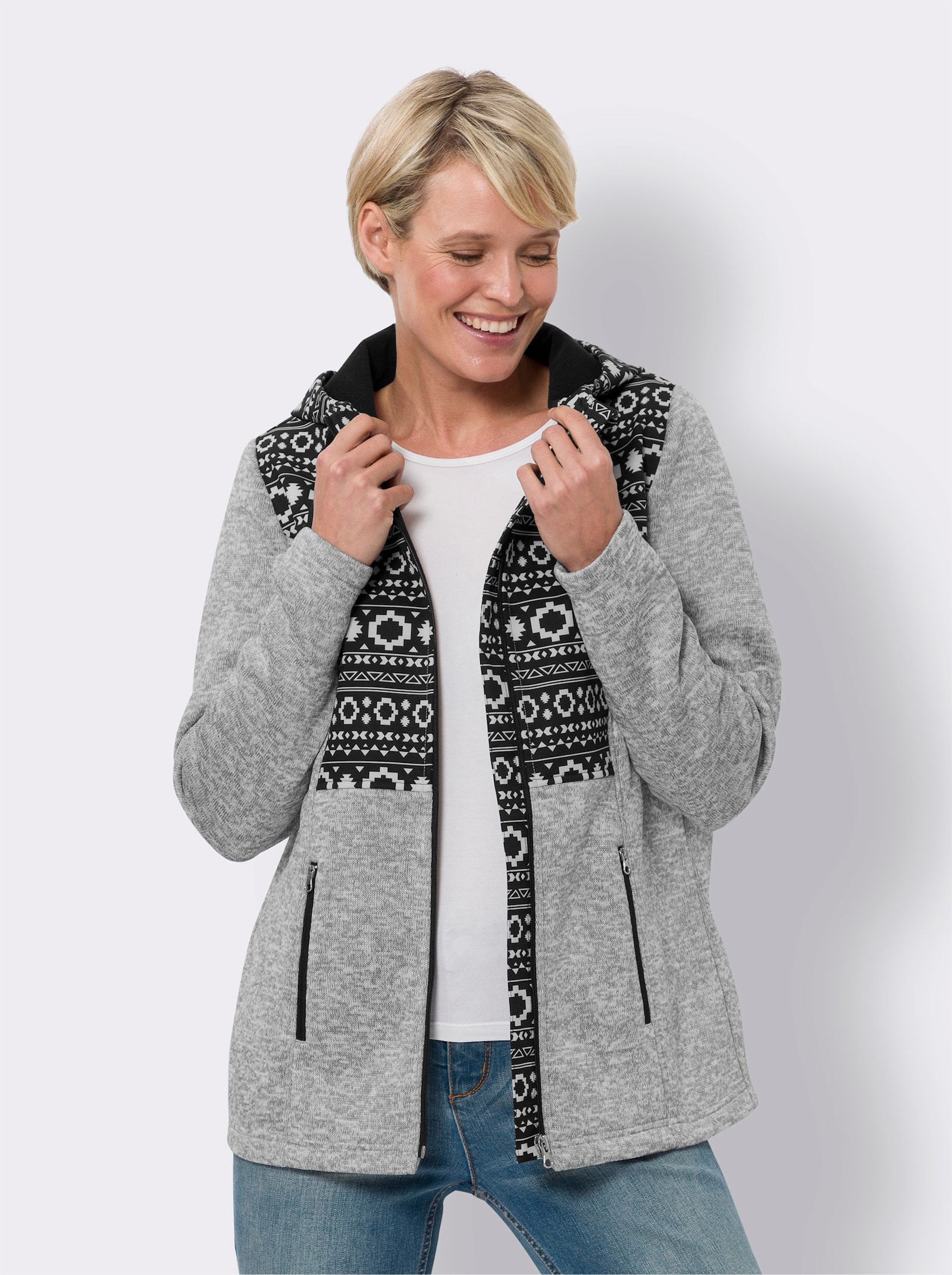 Jacke im Mix aus Fleece und Softshell - grau-meliert