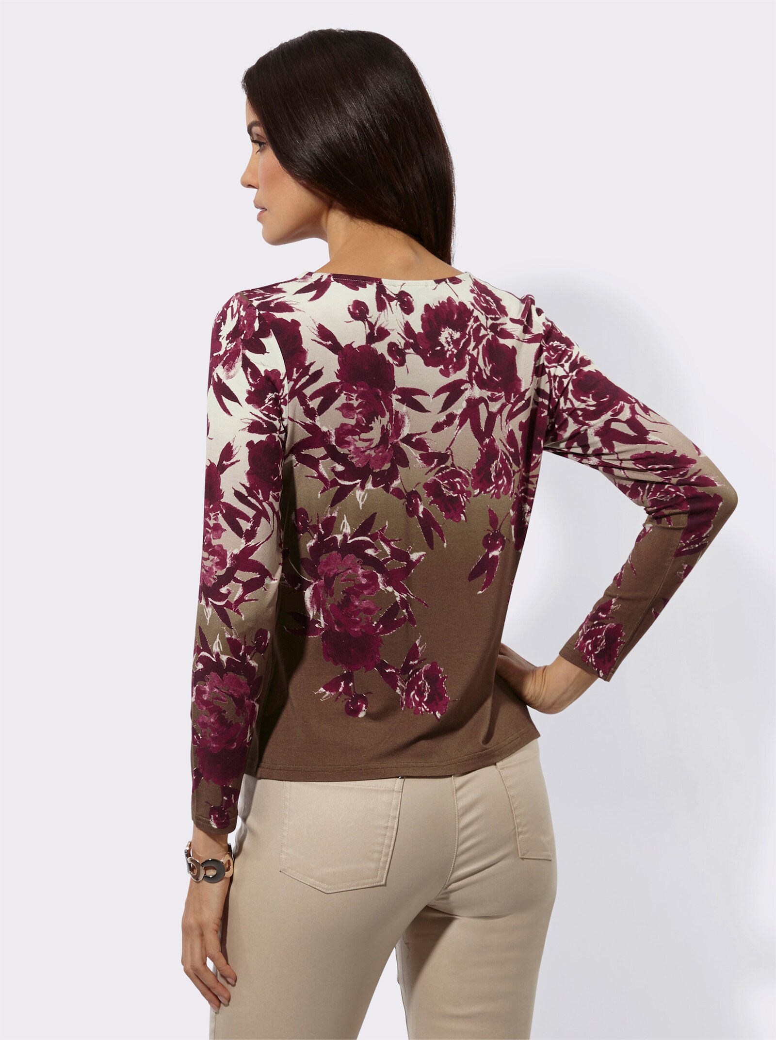 Langarmshirt mit gebogtem V-Ausschnitt - braun-bordeaux-bedruckt