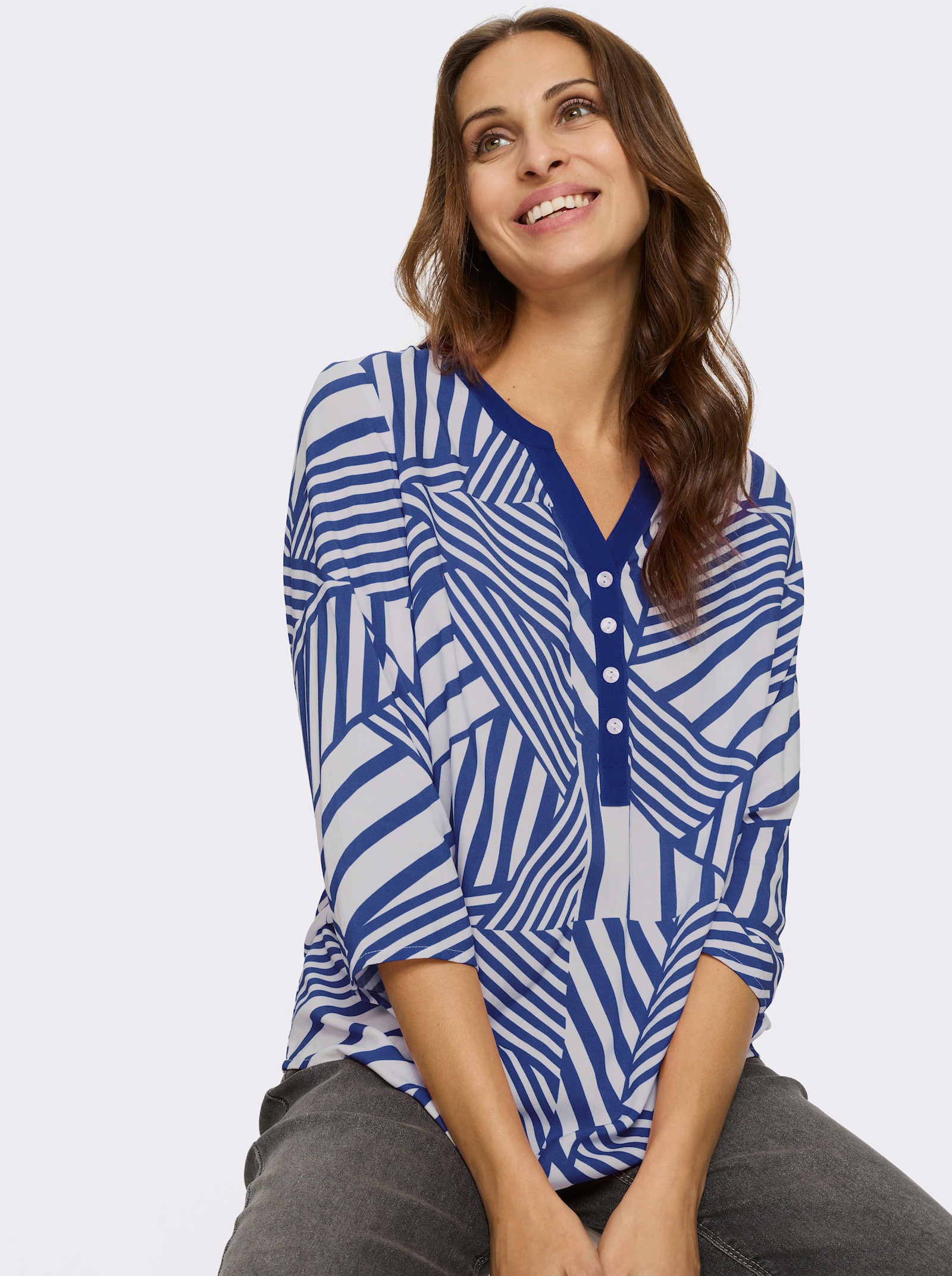  Comfortblouse met plooi achter - koningsblauw/wit bedrukt