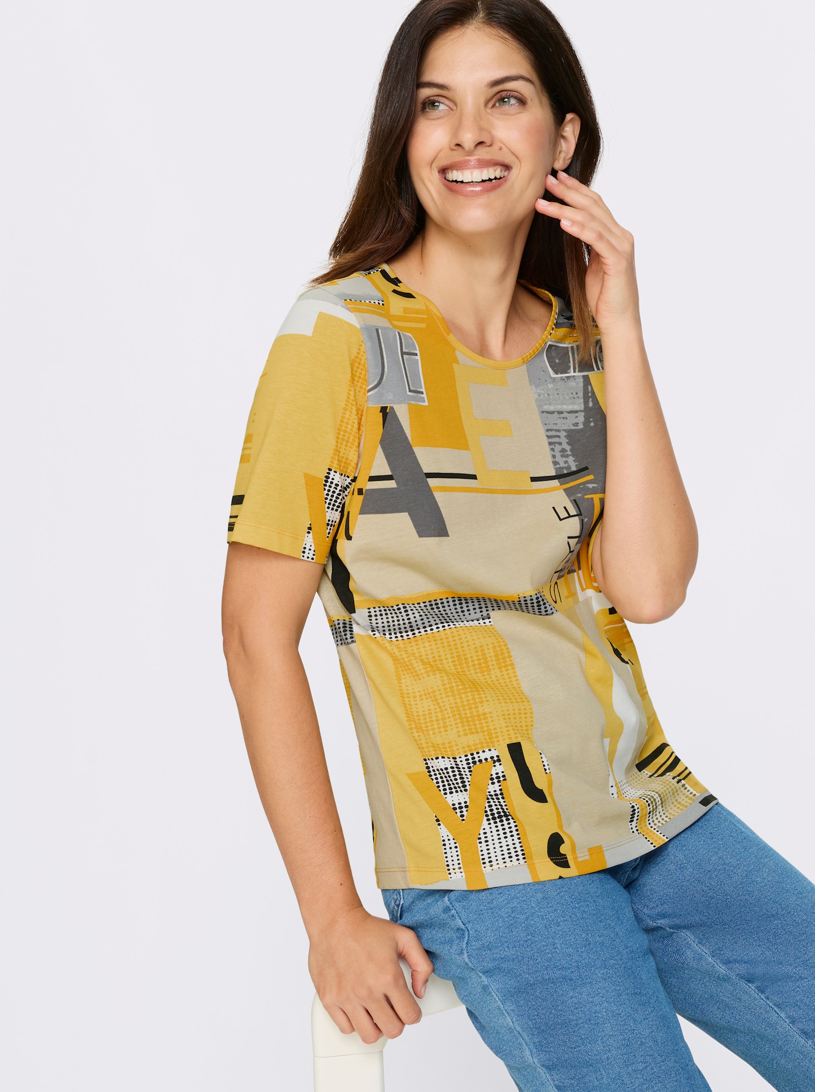 Kurzarmshirt allover bedruckt, Baumwolle - ocker-sand-bedruckt