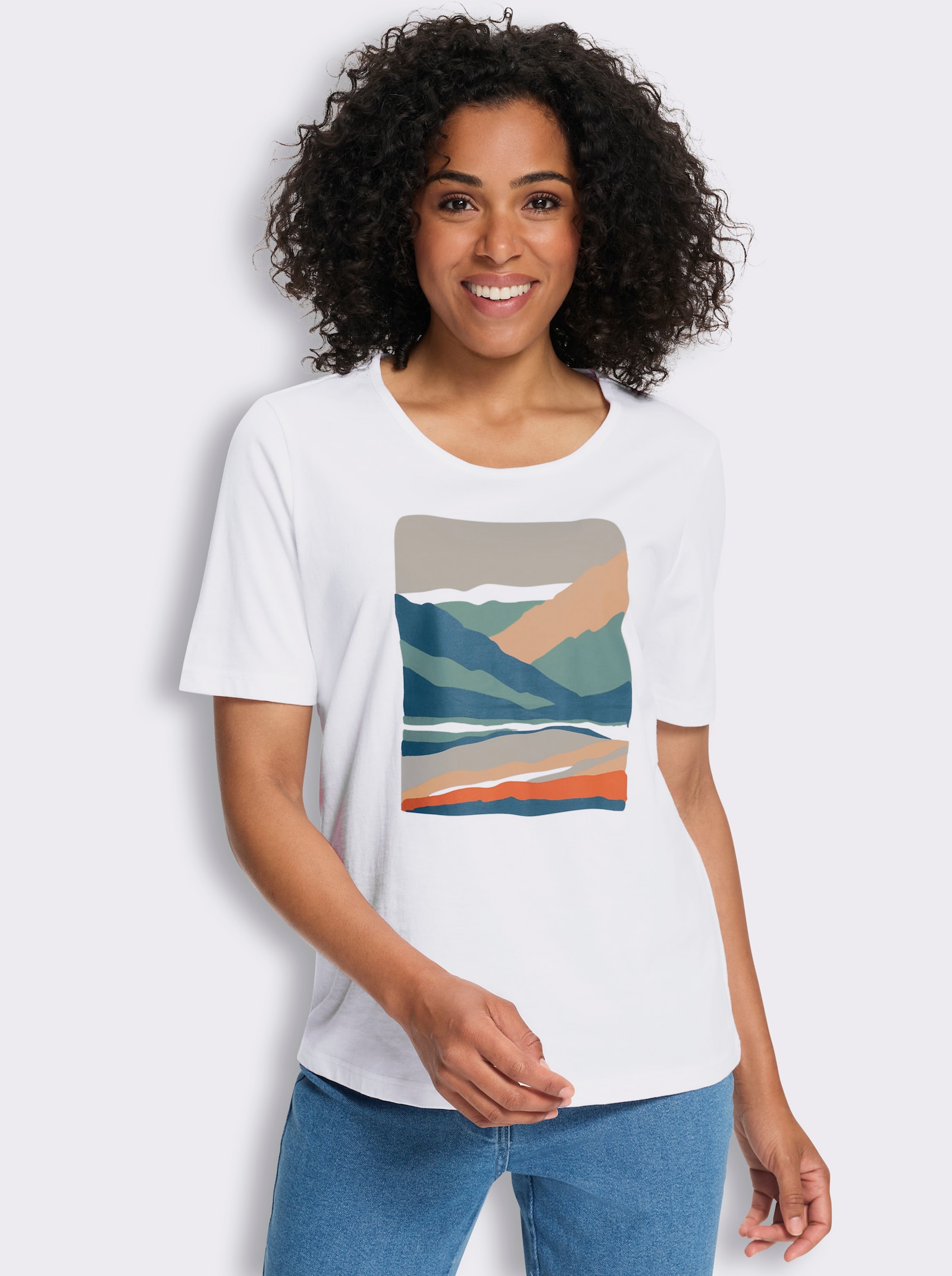 Shirt met korte mouwen en op dessin geplaatste print - wit/apricot