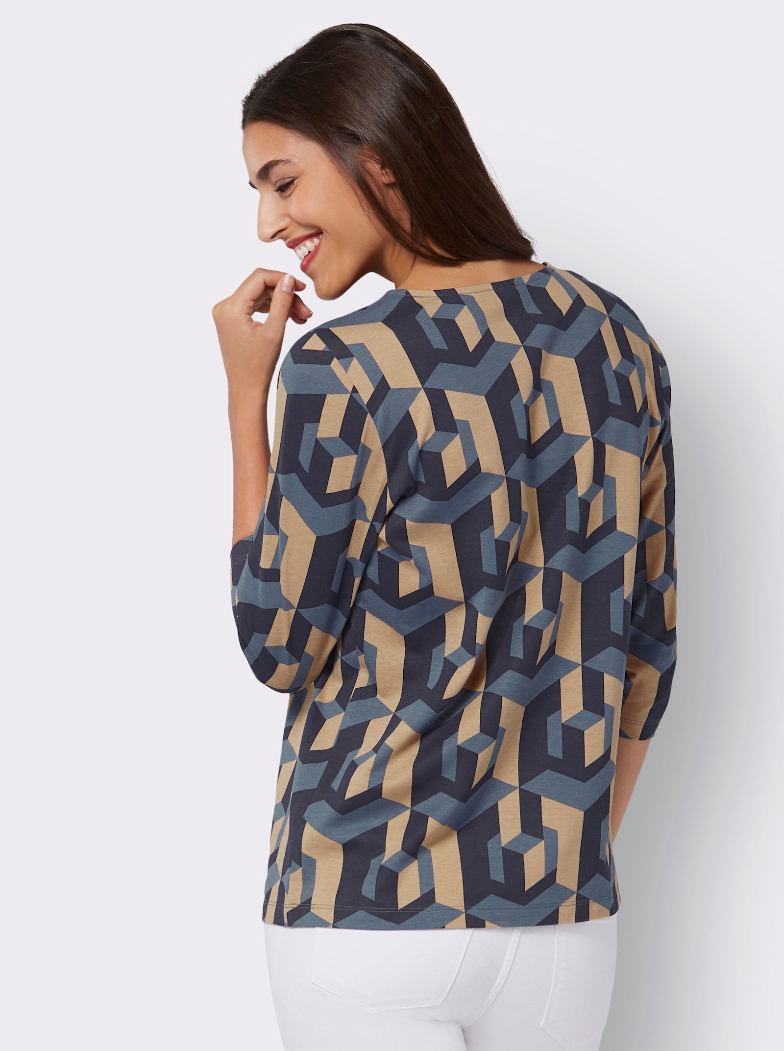 3/4-Arm-Shirt mit grafischem Print - marine-camel-bedruckt