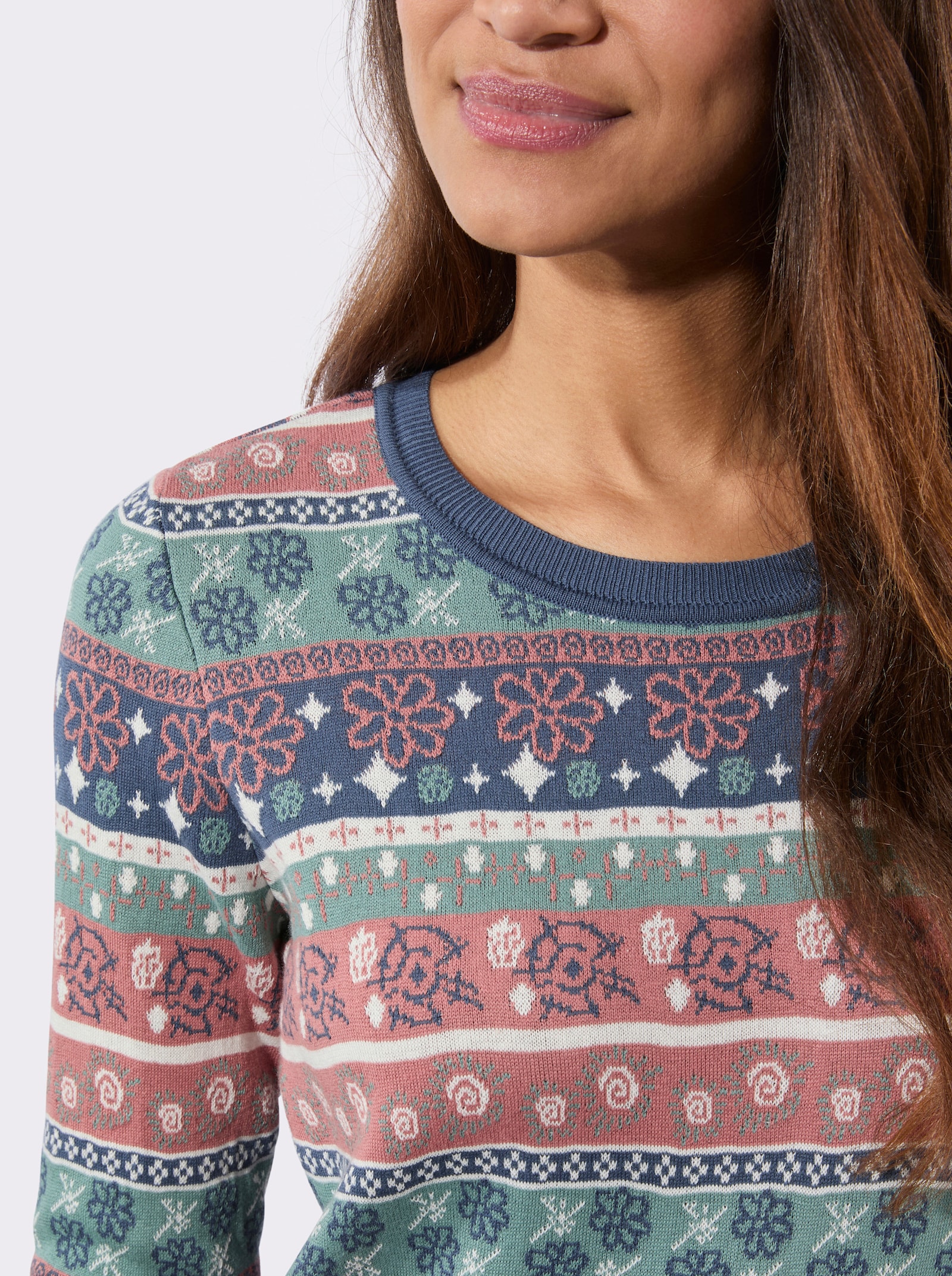 Jacquard-Pullover mit Rippbündchen - rauchblau-rosenholz