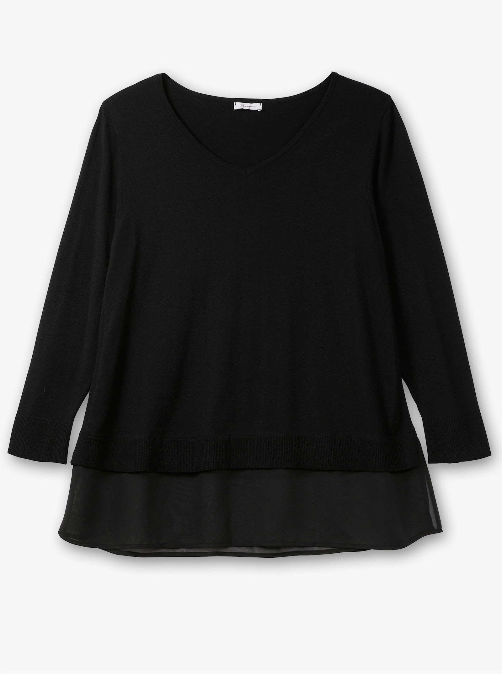 sheego V-Ausschnitt-Pullover mit Chiffon am Saum - schwarz