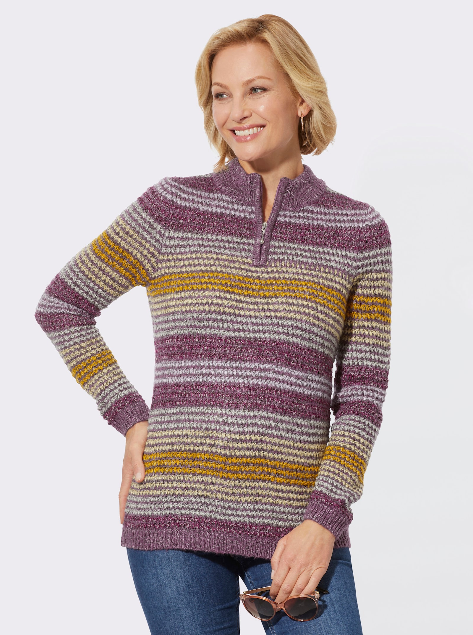 Stehkragenpullover in wärmender Bouclé-Qualität - violett-ocker-geringelt