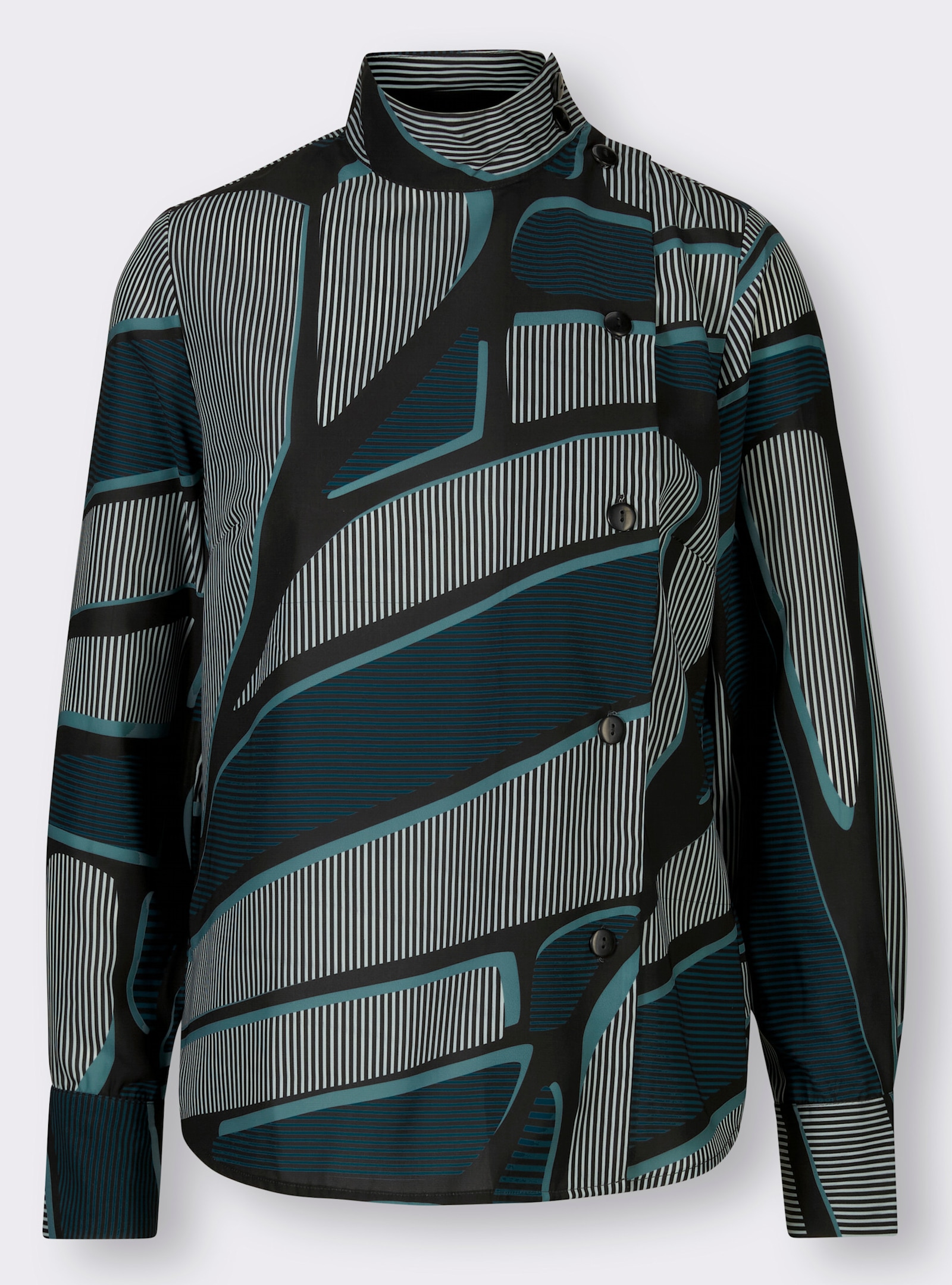Bluse mit Stehkragen asymmetrische Knopfleiste - ecru-jade-bedruckt