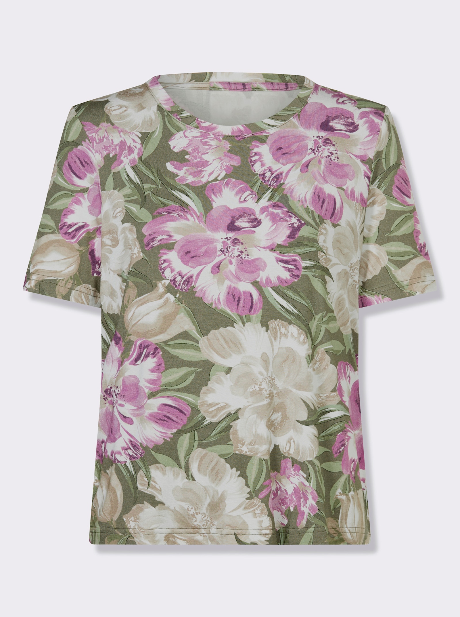 Topp med tryck i ECOVERO-kvalitet från Lenzing - pistasch-orkidé-med tryck