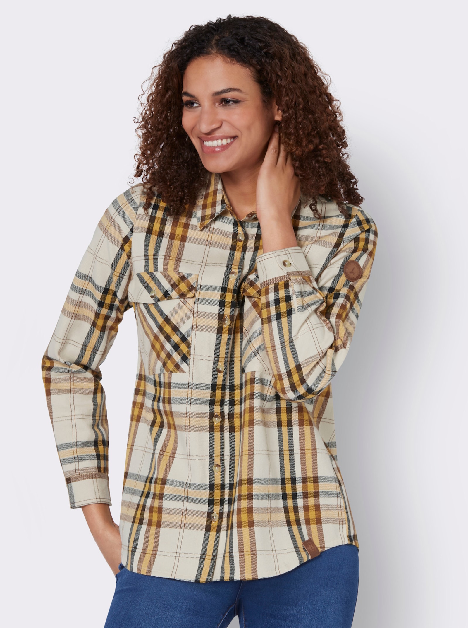 Flanellen blouse met meerkleurige geweven ruit - oker/ivoor geruit