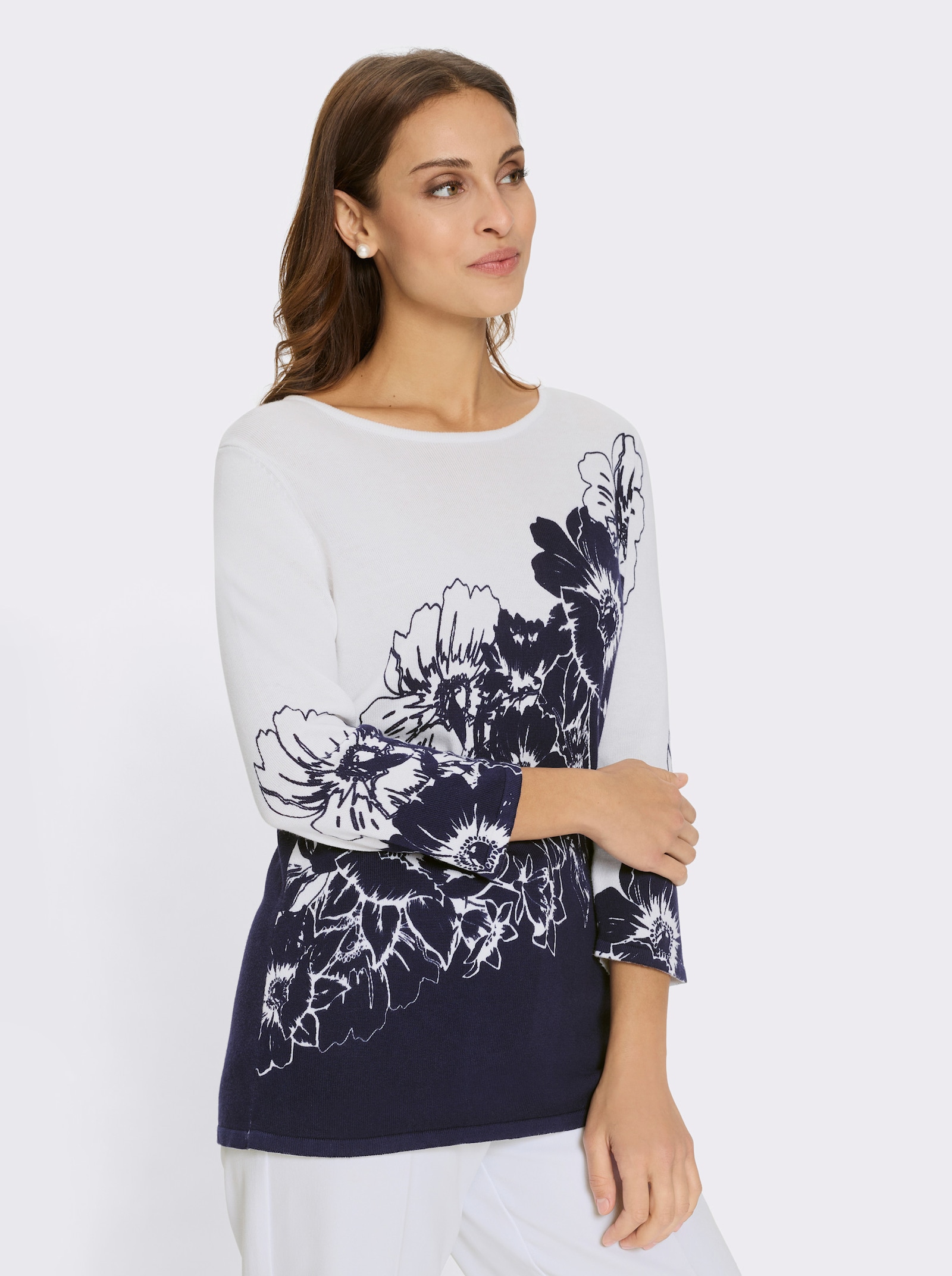 3/4 Arm-Pullover mit floralem Allover-Print - weiß-marine-bedruckt
