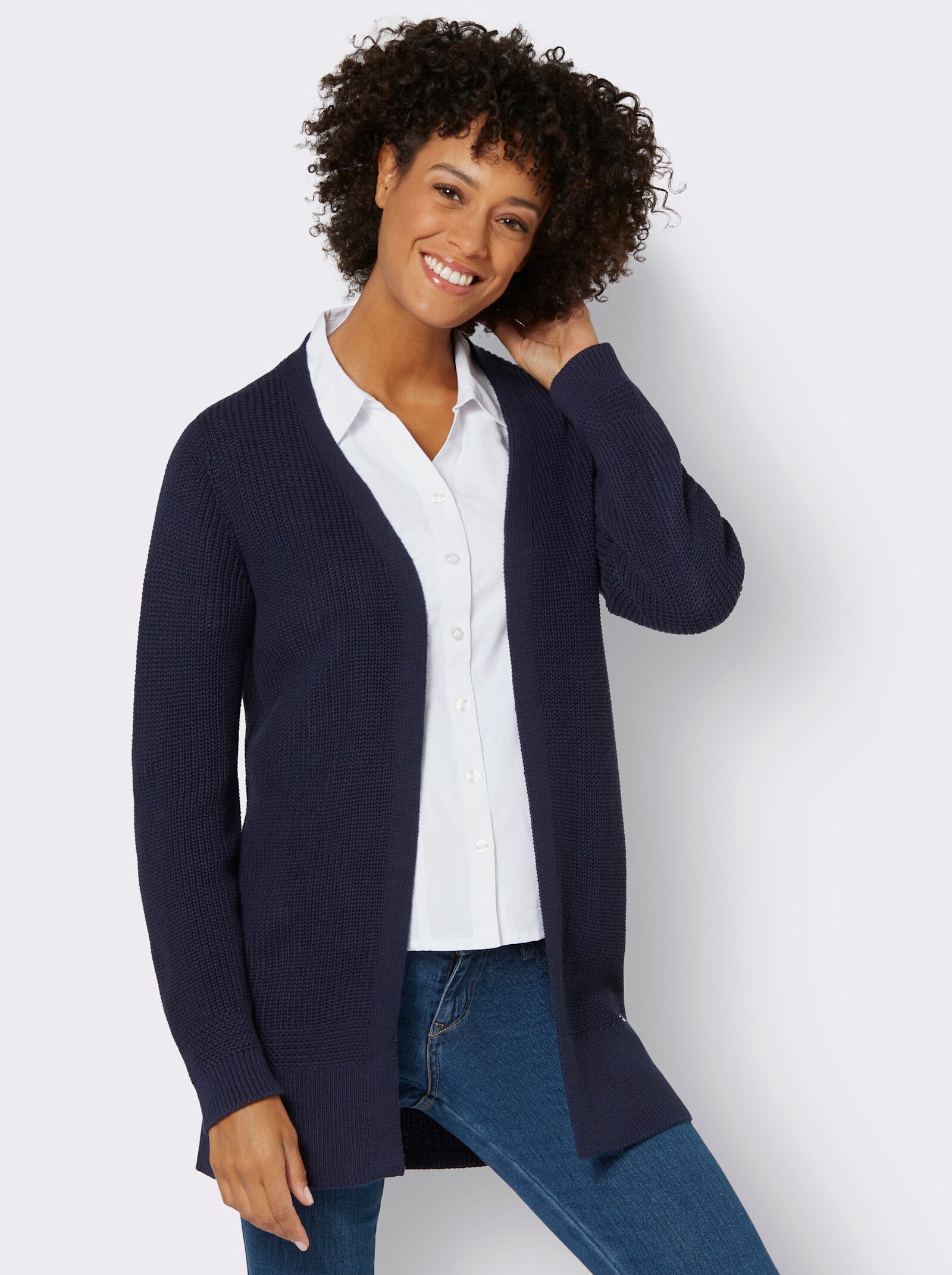 Longstrickjacke in passformgerechter Verarbeitung - marine