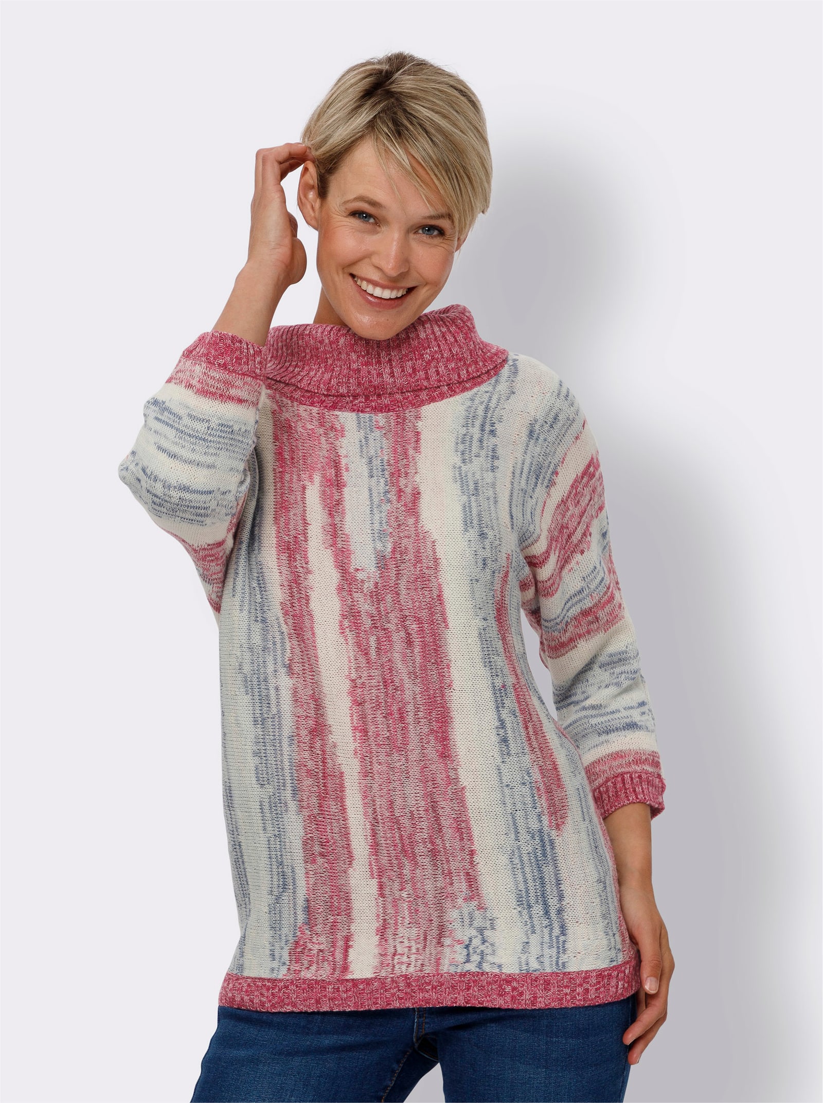 Svetr s rolákovým límcem a žakárovým proužkovaným vzorem - šampaňská-džínová modrá-vzor