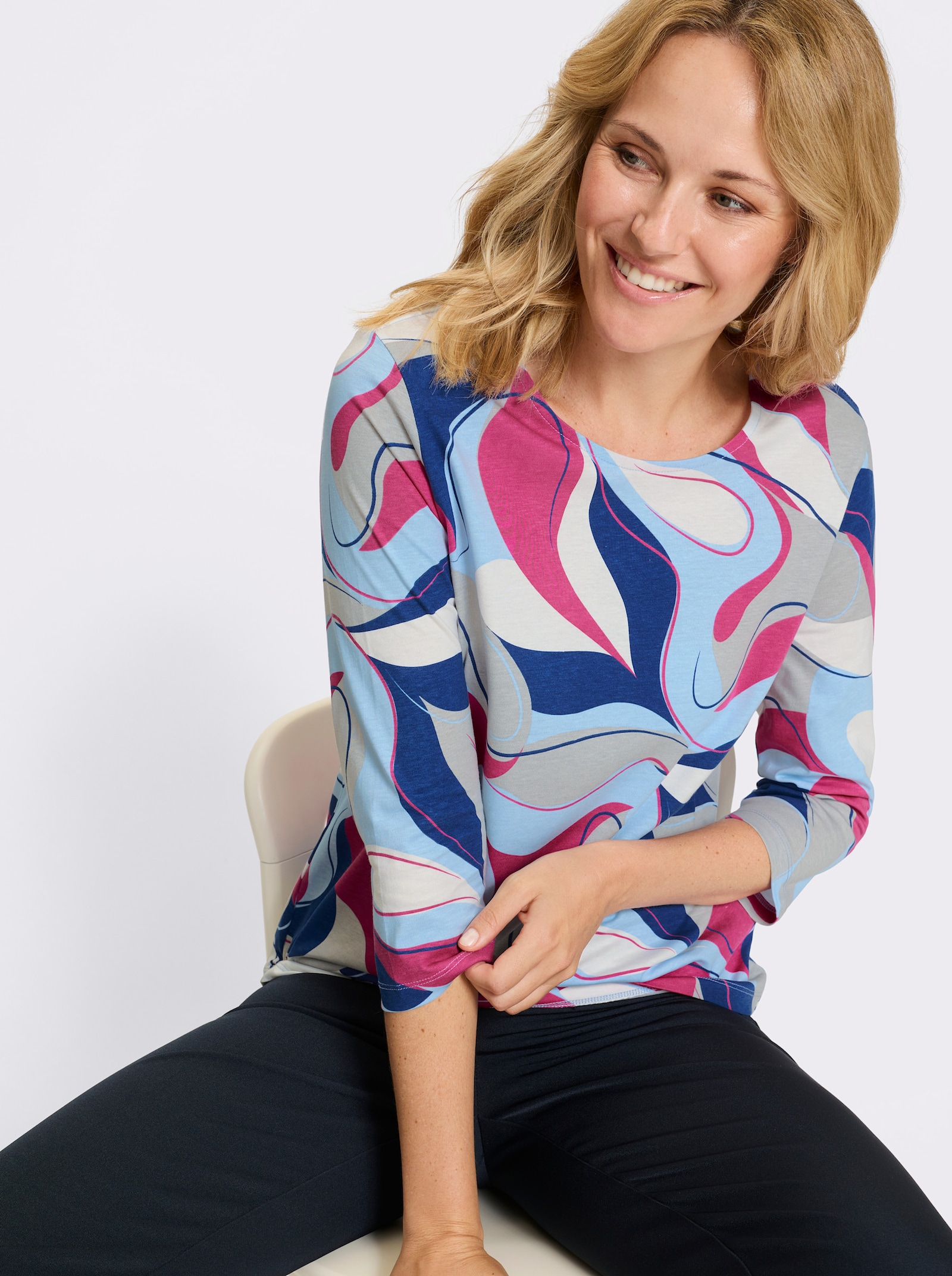 3/4-Arm-Shirt mit Grafik-Print - hellgrau-fuchsia-bedruckt