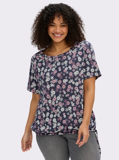 sheego Print-Shirt mit Tunnelzug am Saum - tiefblau-champagner-bedruckt