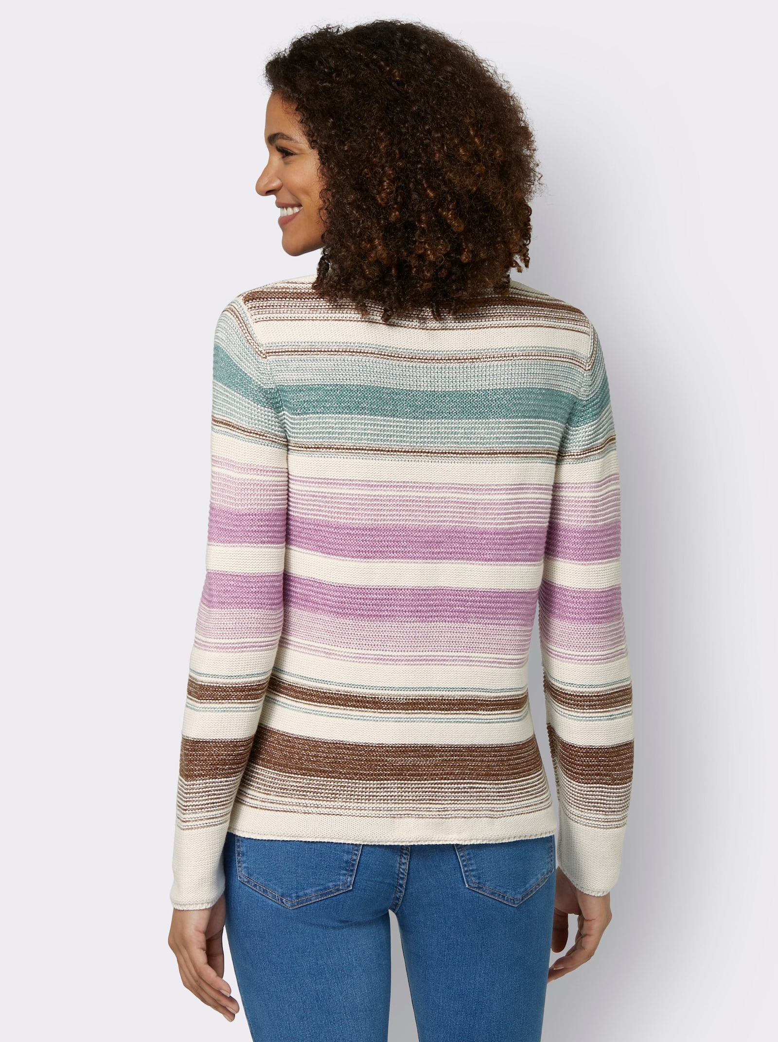 Svetr s kulatým výstřihem a proužkovaným vzorem - šampaňská-hnědá-proužek