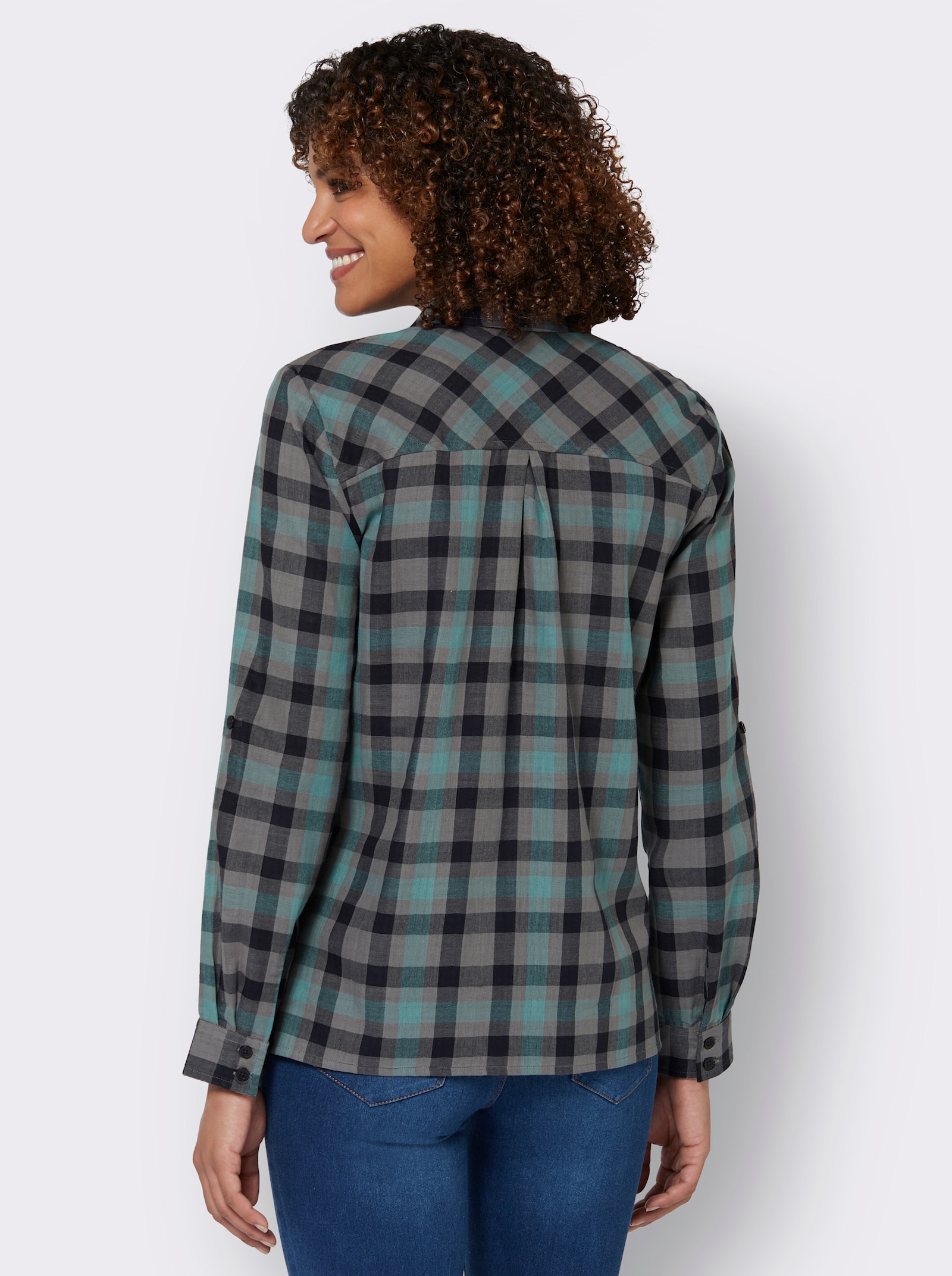 Langarmbluse mit Biesen, kariert - jade-kariert