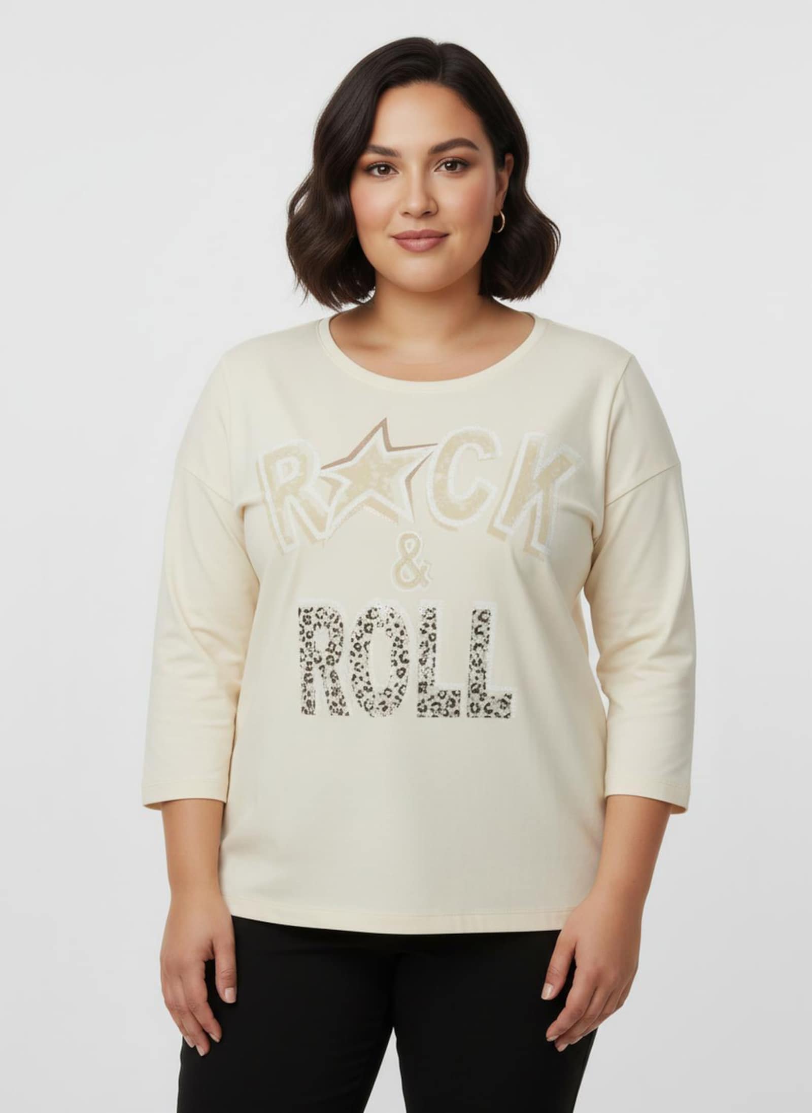 3/4-Arm-Shirt mit glänzendem Schriftzug - champagner-sand-bedruckt