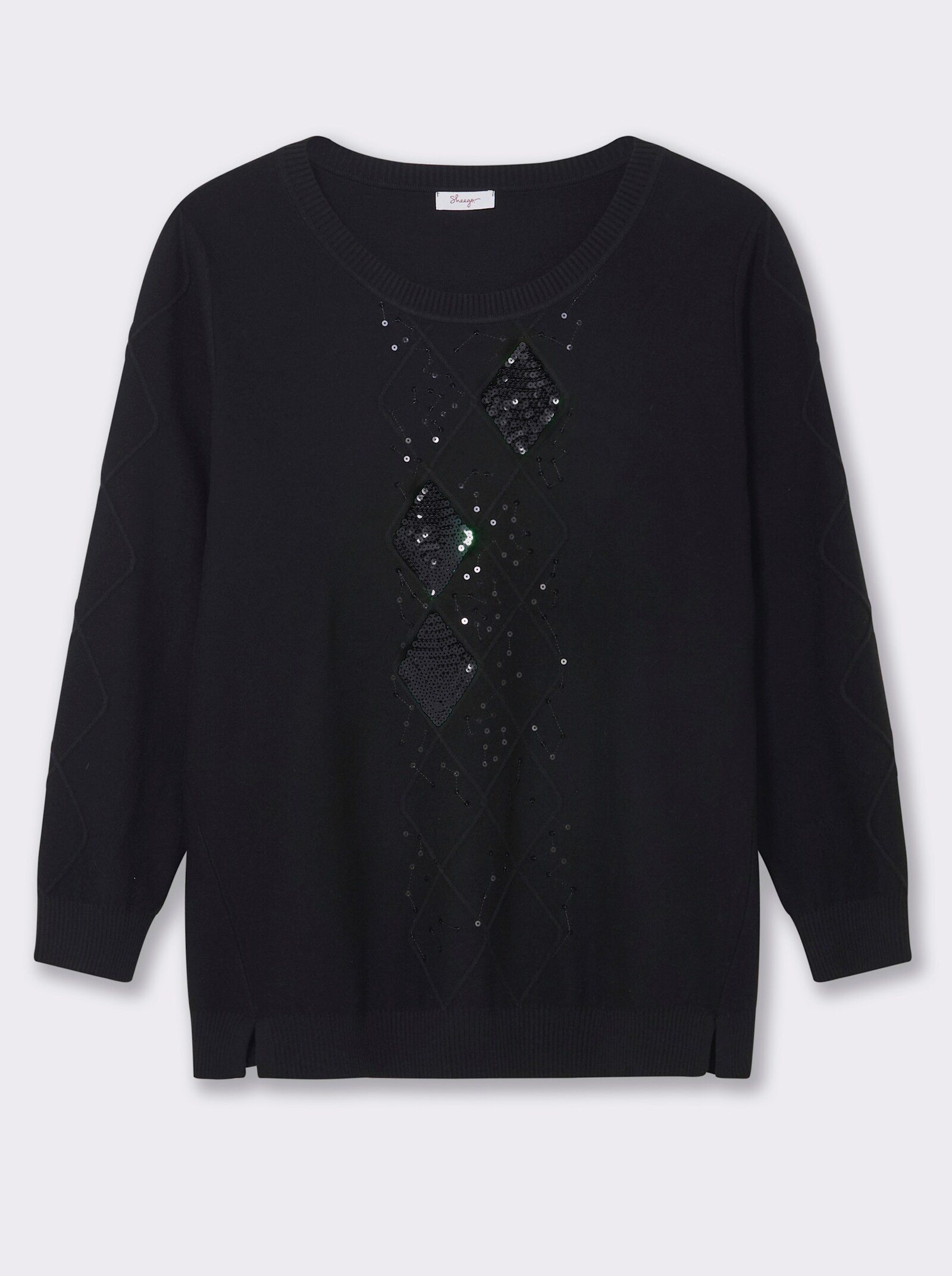 sheego Pullover mit Rautenmuster und Glitzersteinchen - schwarz