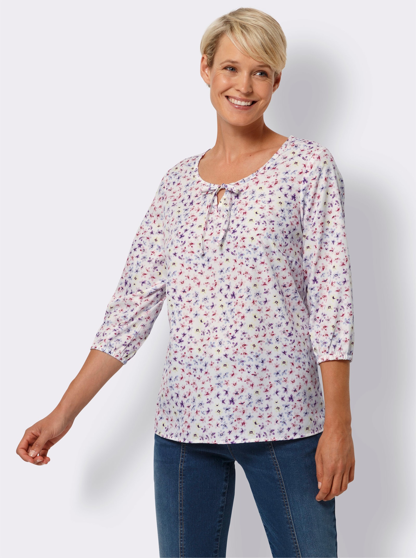 Comfortblouse in bloemdessin - ecru/roze geprint