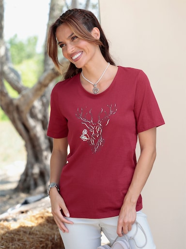Kurzarmshirt mit Hirsch-Motiv - kirsche-graphit
