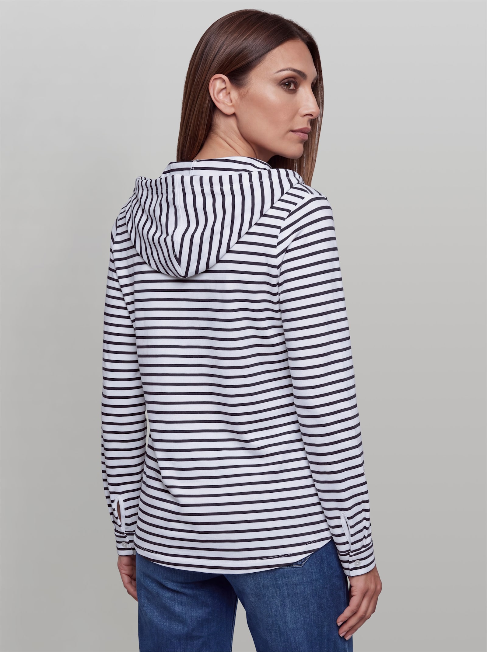 heine Streifenshirt mit Kapuze - weiß-marine-geringelt