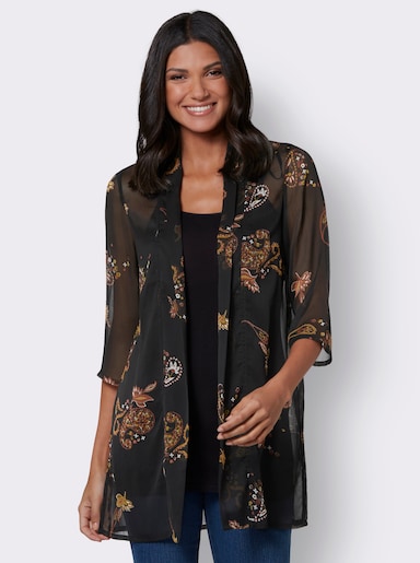 Longbluse in offener Form - schwarz-ocker-bedruckt