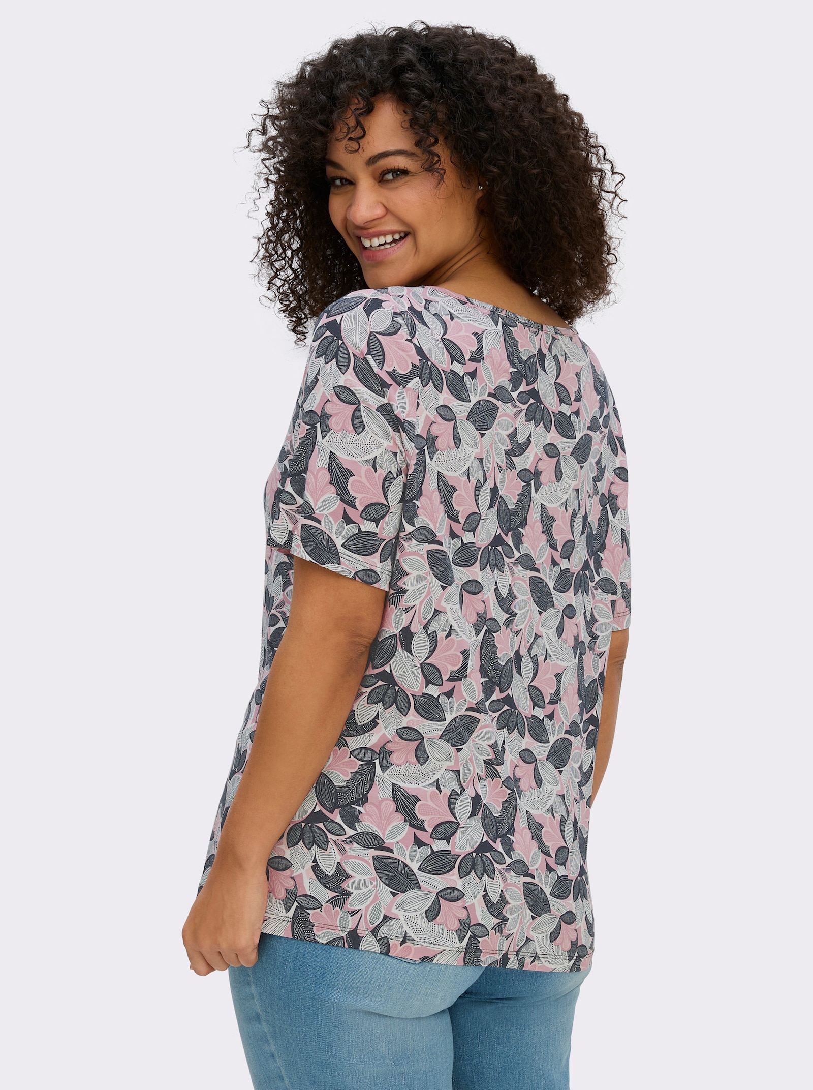 Print-Shirt mit paspeliertem U-Boot-Ausschnitt - hortensie-hellrosé-bedruckt