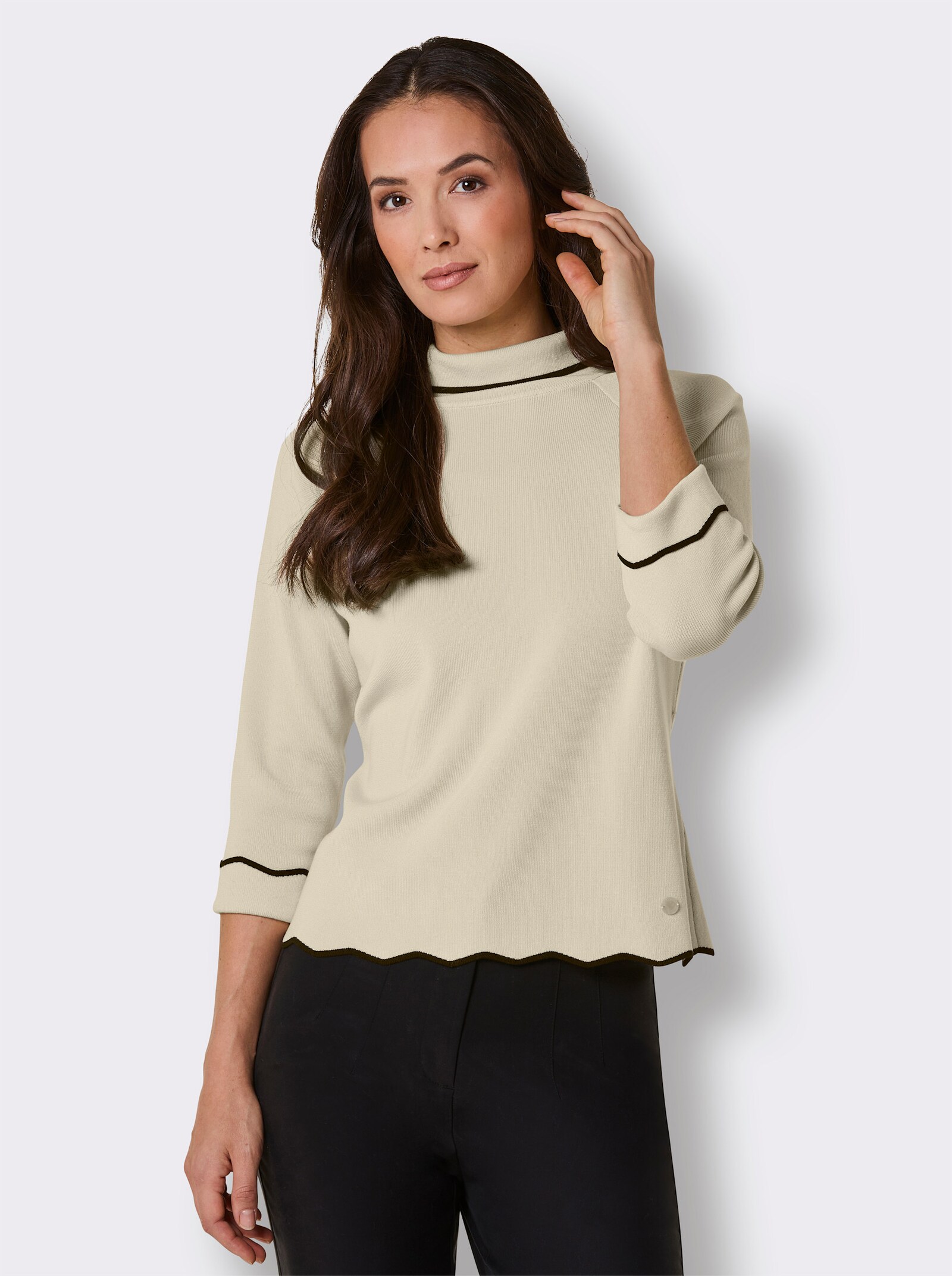 CREATION L PREMIUM Rollkragenpullover mit gewellte Abschlüssen - champagner-schwarz