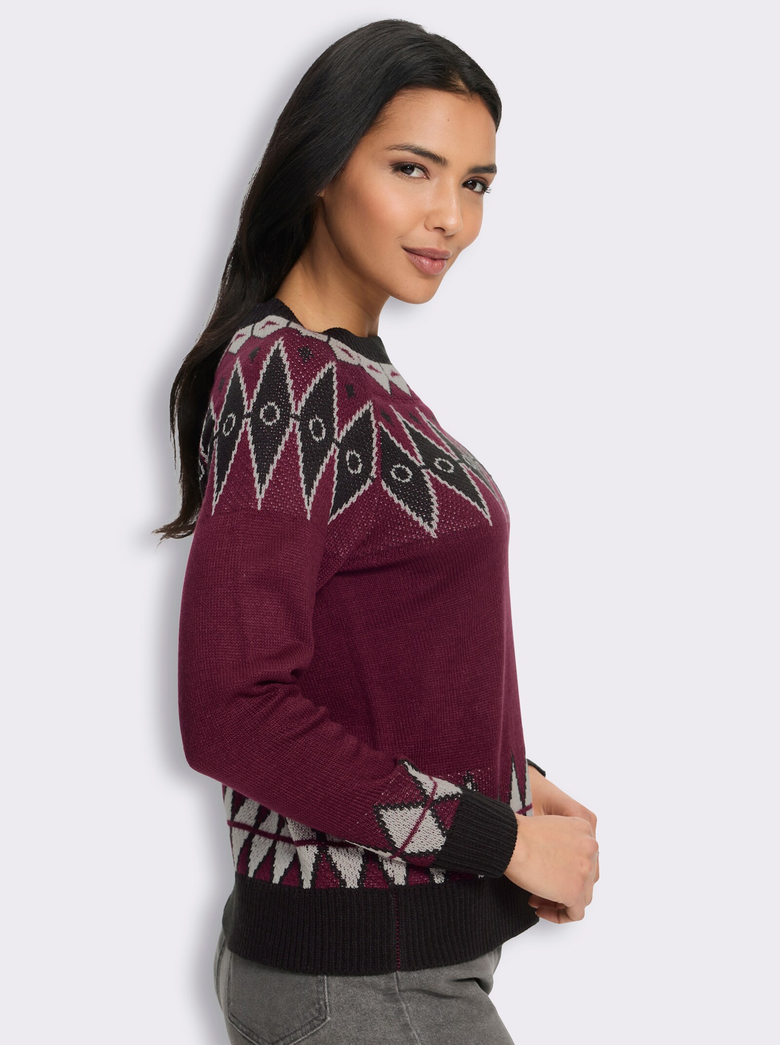 Rundhalspullover im attraktiven Jacquardmuster - bordeaux-schwarz-gemustert