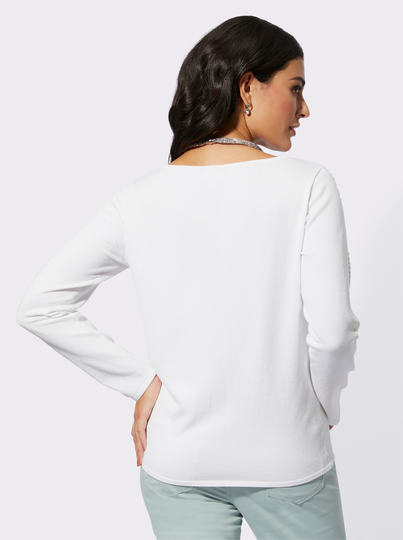 Langarm-Pullover mit Glitzersteinchen an den Ärmeln - ecru