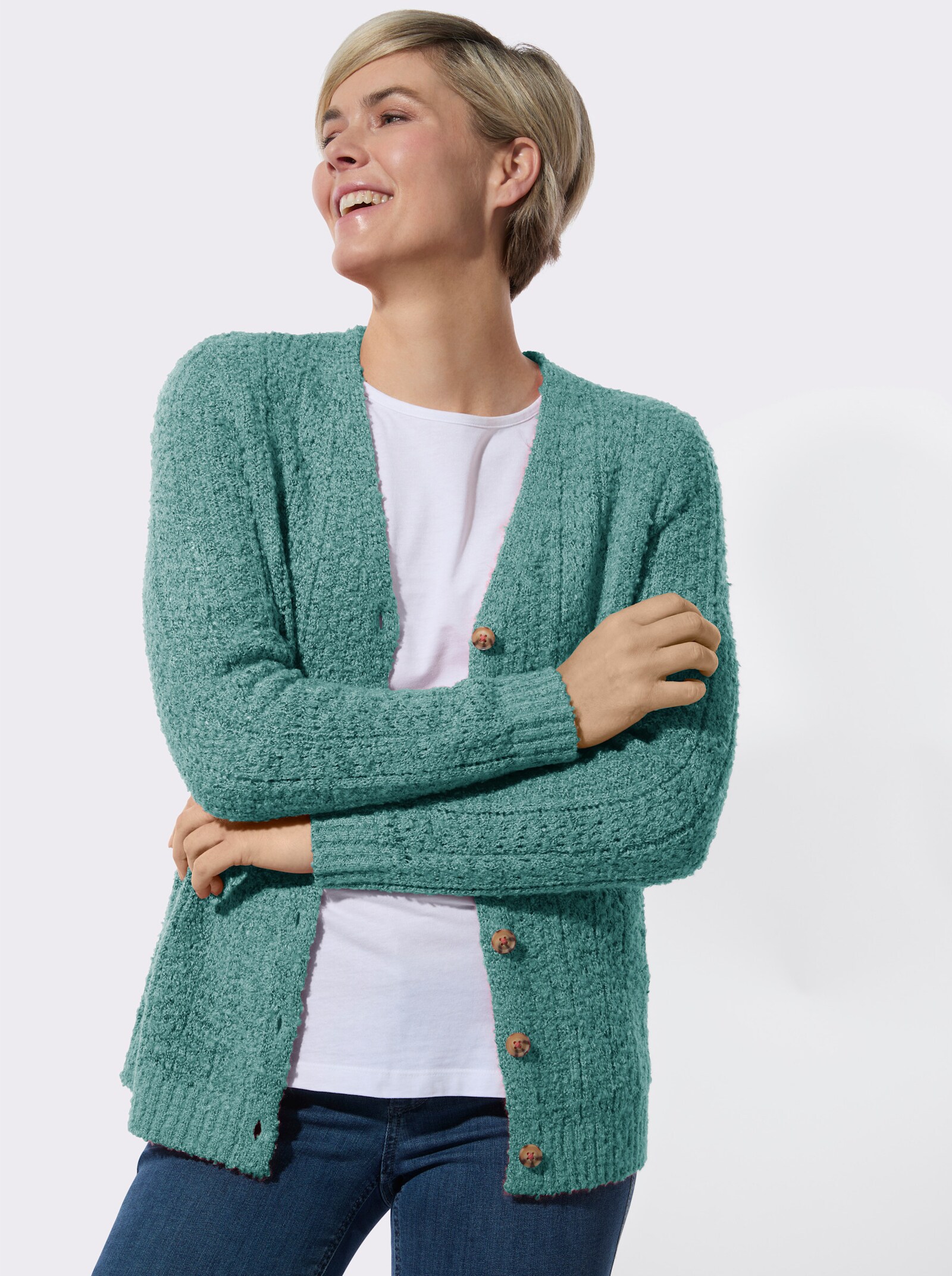 Strickjacke mit Bouclé-Struktur - salbei-meliert