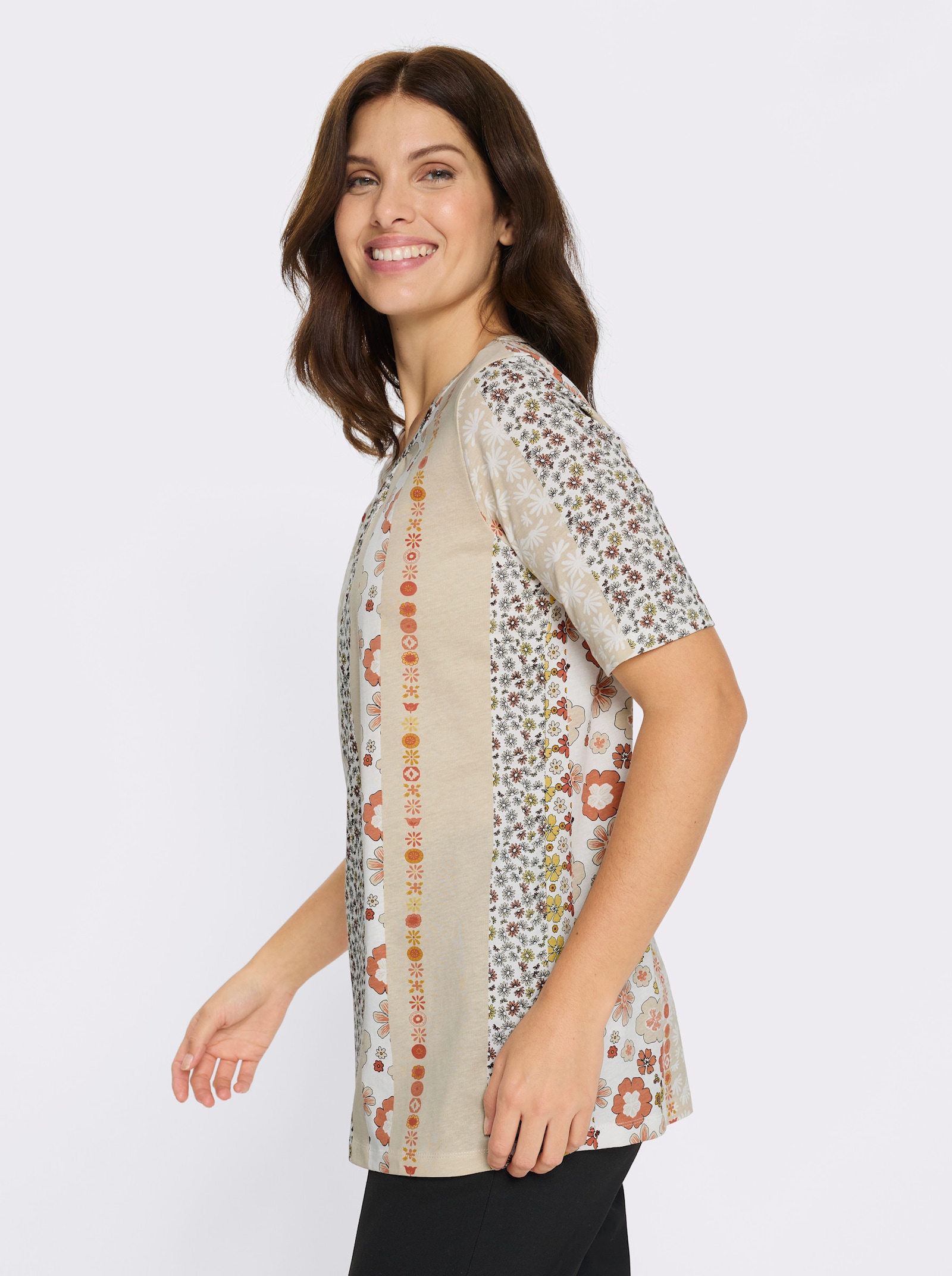 Longshirt mit Halbarm - ecru-papaya-bedruckt