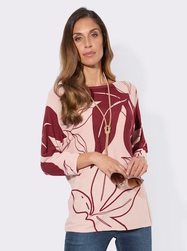 Feinstrickpullover mit Blütendruck - puder-dunkelrot-bedruckt