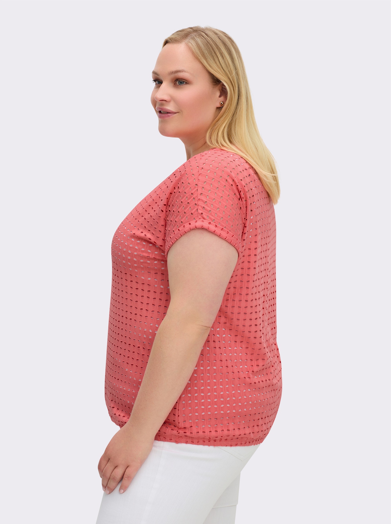 Kurzarmshirt mit Lochmuster - koralle
