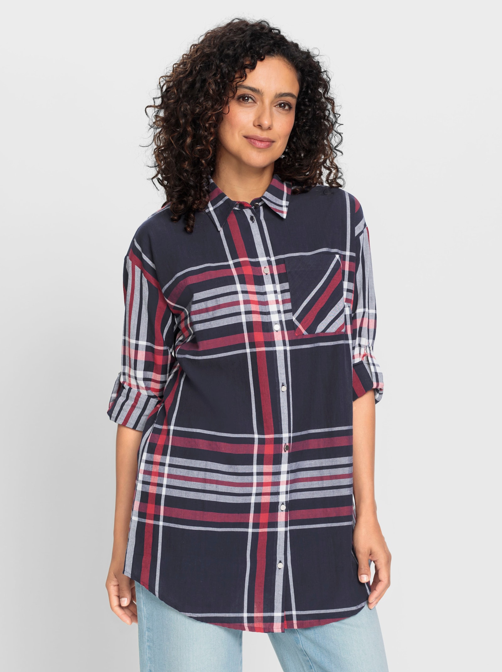 Baumwollbluse im Karomuster - marine-rot-gemustert