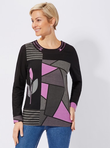 Rundhalsshirt im Patch-Dessin - schwarz-orchidee-gemustert