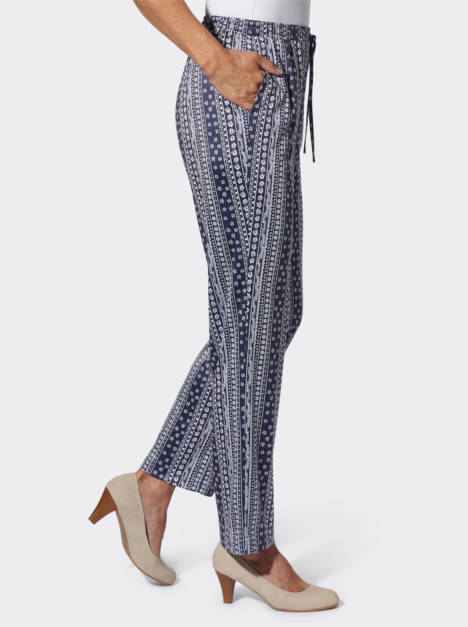 Jerseybroek met bloemdessin - marine/wit gestreept