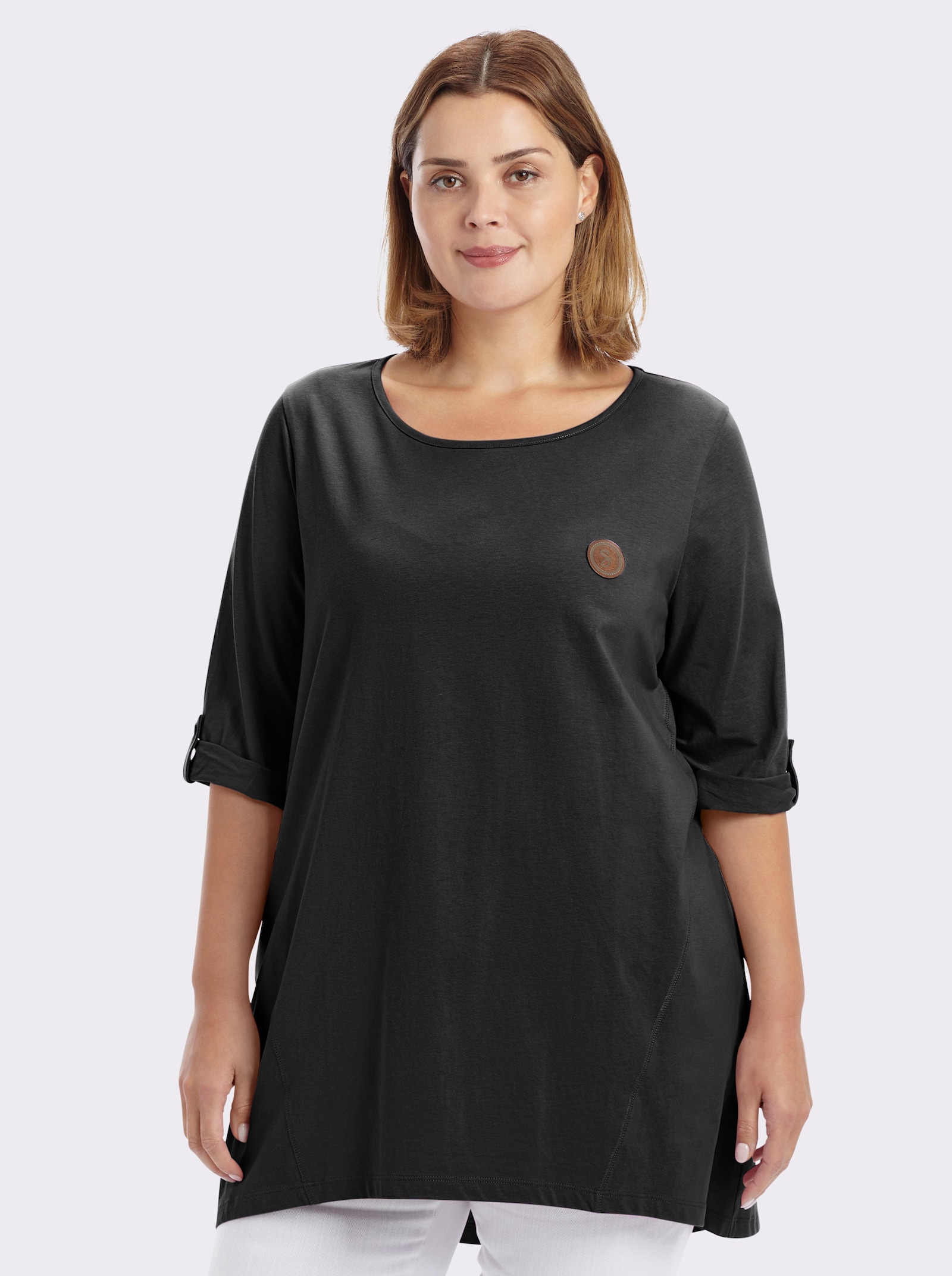 sheego Lang shirt in camouflerende A-lijn - zwart